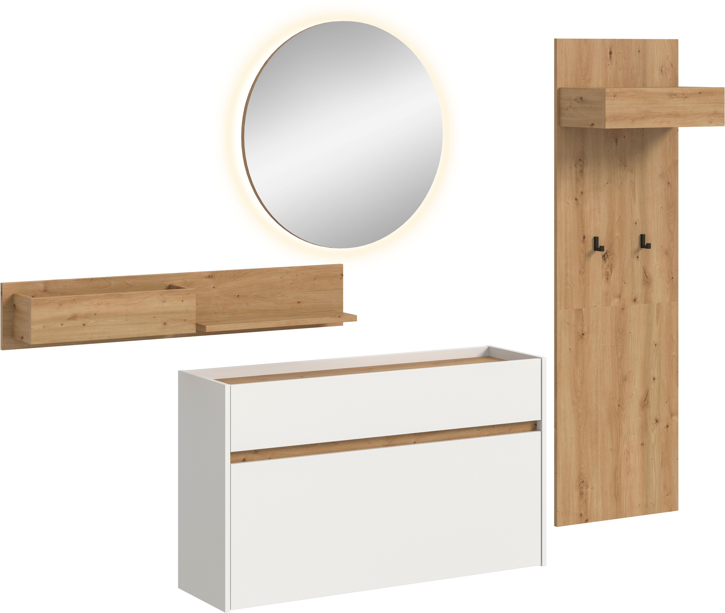 INOSIGN Garderoben-Set »EVRID, 4-teilig, Breite 205 cm, inkl. Beleuchtung« best. aus: Wandboard, Kommode, Spiegel, Garderobenpaneel, 4 Stk. tlg. Garderobenkombination, Garderobe, Wandgarderobe, Flur, Diele