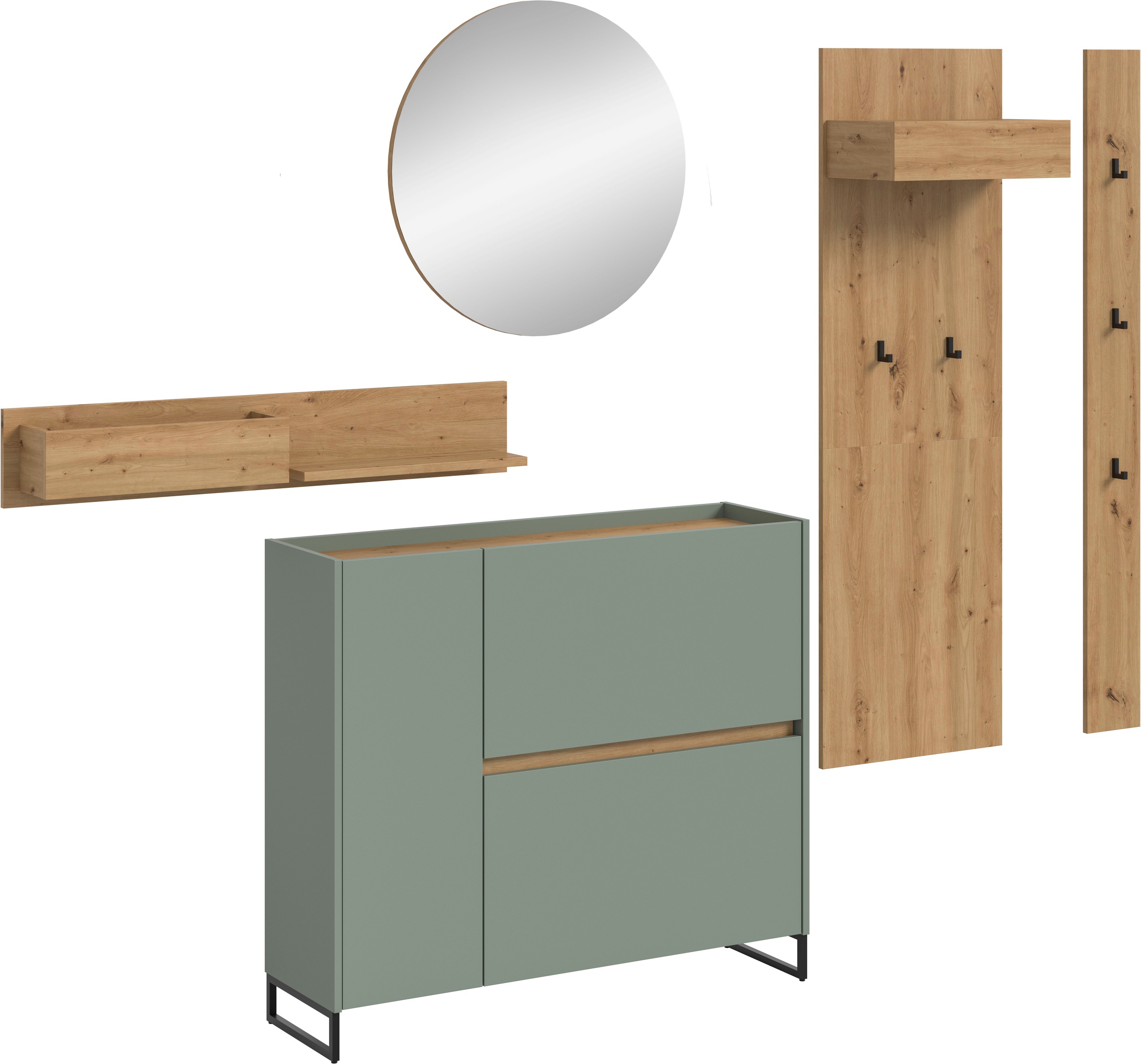 INOSIGN Garderoben-Set »EVRID, 5-teilig, Breite 236 cm, individuell stellbar & erweiterbar« best. aus.: Wandboard, Kommode, Spiegel, Garderobenpaneel, Hakenleiste, 5 Stk. tlg. Garderobenkombination, Garderobe, Wandgarderobe, Flur, Diele