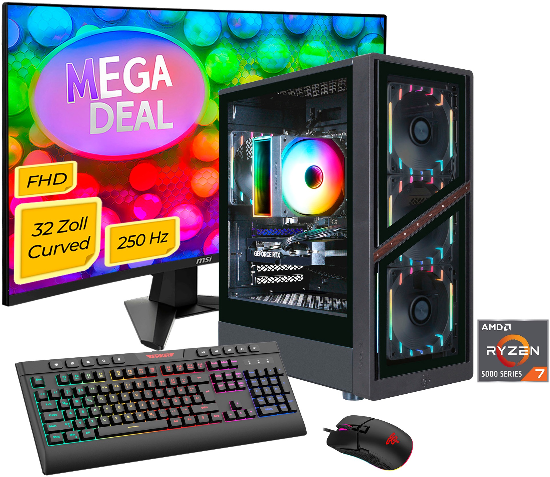 GAMEMAX Gaming-PC-Komplettsystem 'MegaDeal AERIS GB 2875 AMD Ryzen 7 5700X 32GB 1TB SSD RTX 5060' 32 ″ AMD Ryzen 7 GeForce RTX 5060 32 GB RAM 1.000 GB SSD Windows 11 + MSI MAG 32C6X Curved Monitor 80cm (32')