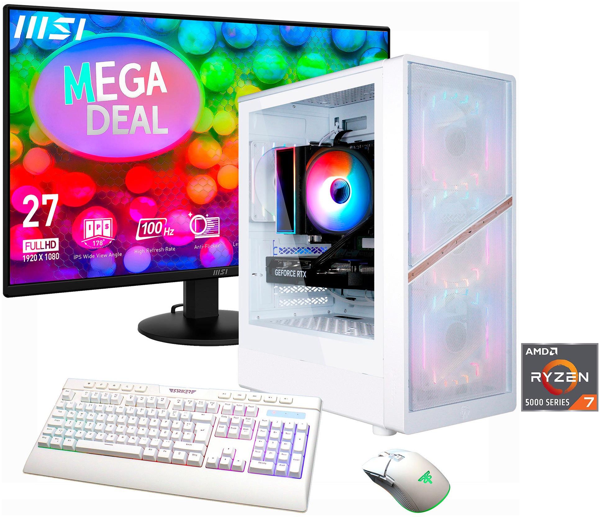 GAMEMAX Gaming-PC-Komplettsystem 'MegaDeal AERIS MW 2855 AMD Ryzen 7 5700X 16GB 1TB SSD RTX 5060' 27 ″ AMD Ryzen 7 GeForce RTX 5060 16 GB RAM 1.000 GB SSD Windows 11 + MSI PRO MP272L LCD-Monitor, 68,6cm (27')