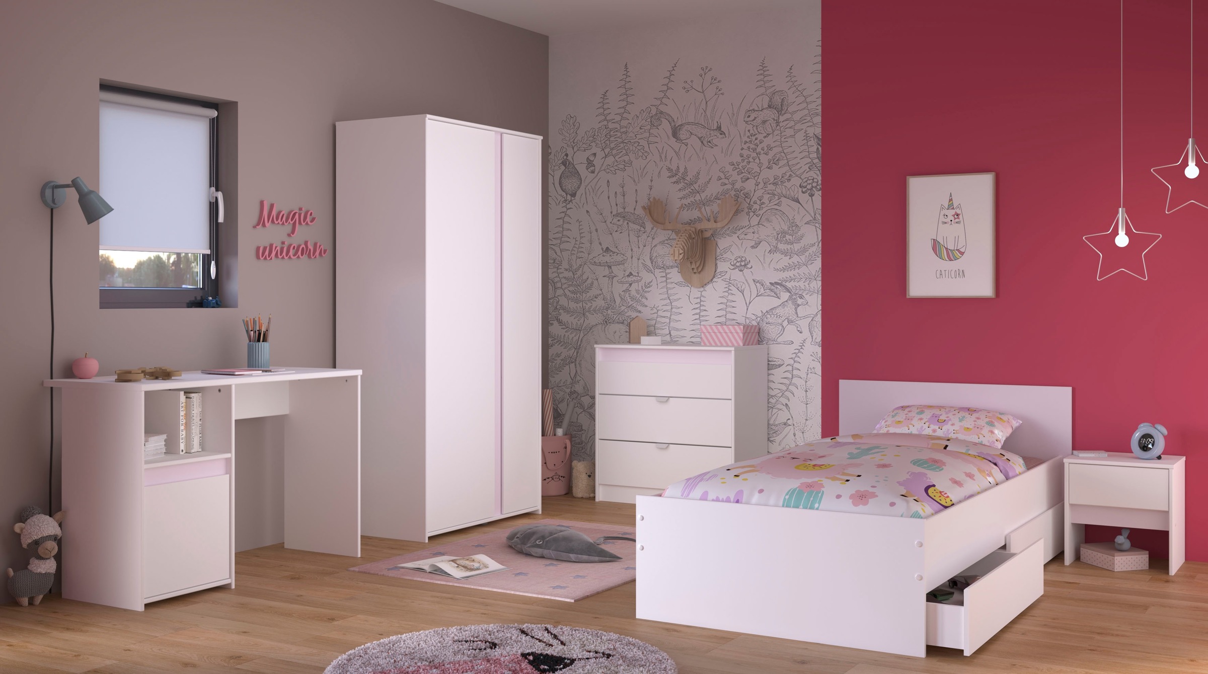 Parisot Jugendzimmer-Set »Pirouette, farbige Einsätze drehbar- Rosa oder Grau« Set, Schreibtisch, Bett, Schubkasten, Kleiderschrank, Kommode, Nachttisch, 6 Stk. tlg. komplettes Jugendzimmer, für alle Zielgruppen