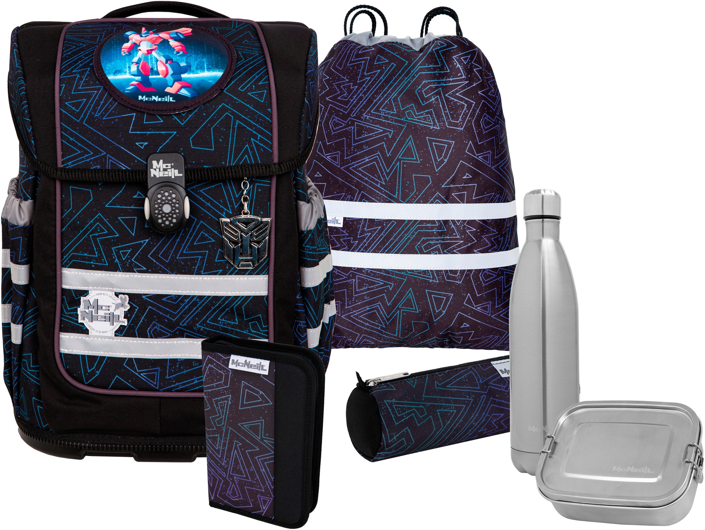 McNeill Schulranzen »Ergo Compacto, Tron« reflektierende Streifen auf den Schultergurten;retroreflektierende Flächen inkl. Federmäppchen, Turnbeutel, Schlamperrolle & Motivmagnet