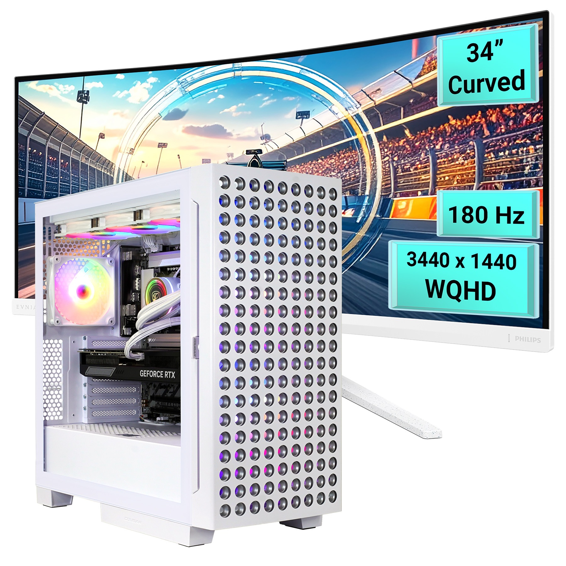 Cougar Gaming-PC-Komplettsystem »AIRFACE ECO WT SET2664« 34 ″ Intel® Core Ultra 7 GeForce RTX™ 5070Ti 32 GB RAM 1.000 GB SSD Windows 11, DDR5 RAM + PHILIPS 34' Curved Gaming Monitor