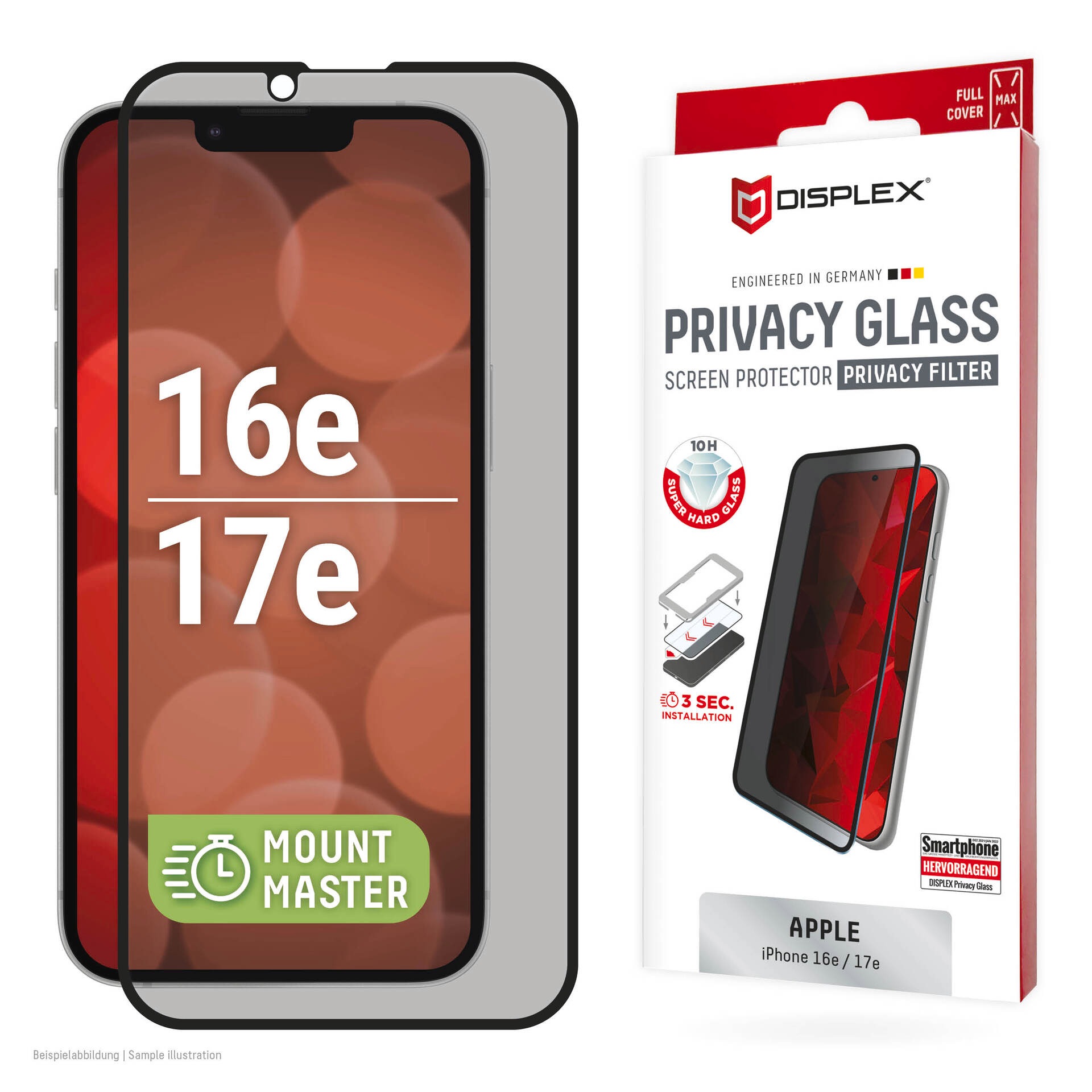 Displex Displayschutzglas 'Privacy Glass Screen Protector mit EASY-ON MountMaster' für Apple iPhone 16e;Apple iPhone 17e Displayschutzfolie, Schutzfolie, Bildschirmschutz, kratz- & stoßfest