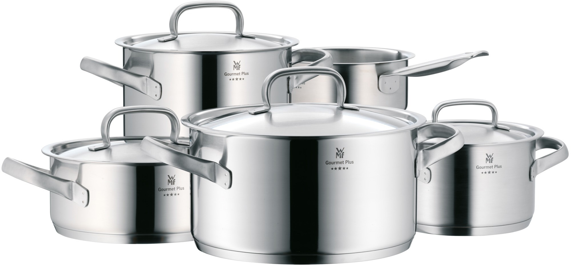 WMF Topf-Set »Gourmet Plus, Induktions Töpfe Set unbeschichtet mit Metalldeckel« Set, 1 Bratentopf Ø 20 cm, Fleischtopf Ø 16/20/24 cm, Kasserolle Ø 16 cm, 5 Stk. tlg. Cromargan® Edelstahl Rostfrei 18/10