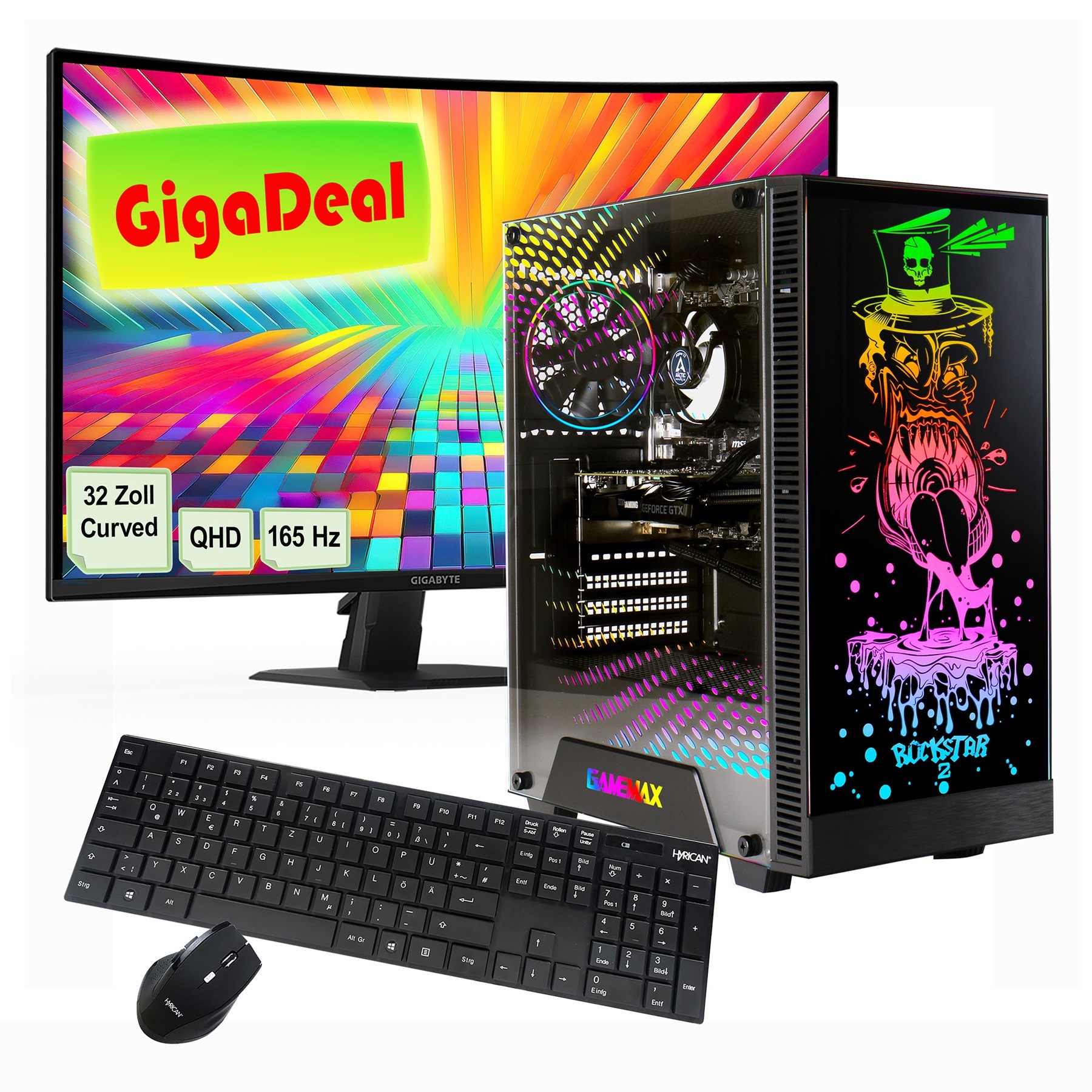 GAMEMAX Gaming-PC-Komplettsystem »GigaDeal Rockstar 2649 AMD Ryzen 7 5700X RTX 5060 32GB DDR4 1TB SSD« 32 ″ AMD Ryzen 7 GeForce RTX™ 5060 32 GB RAM 1.000 GB SSD Windows 11 + Gigabyte GS32QC LED-Monitor Curved, 80 cm (32')
