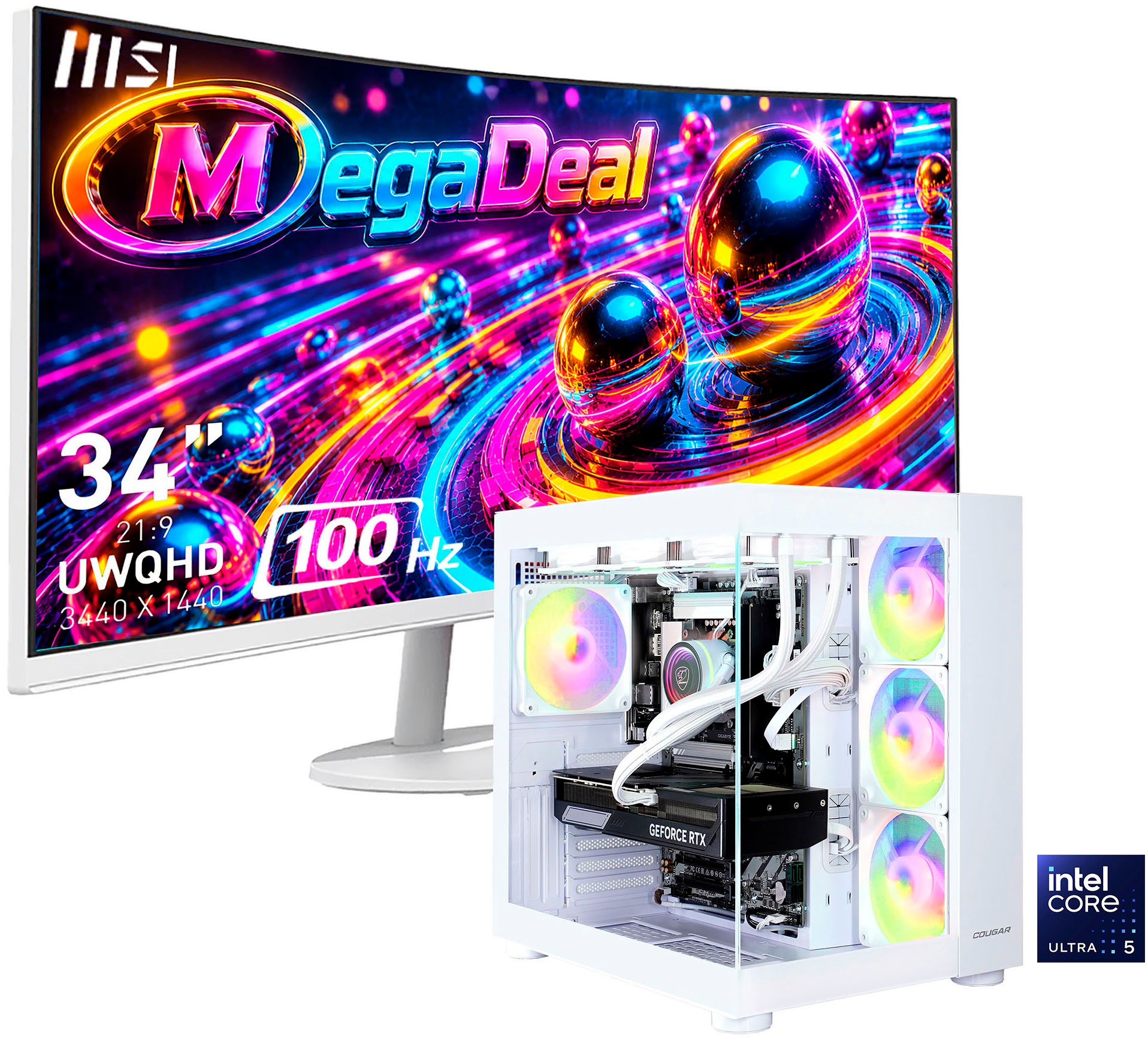 Cougar Gaming-PC-Komplettsystem 'MegaDeal FV150 WT 2890 Core Ultra 5 245KF 32GB DDR5 1TB SSD RTX 5070' 34 ″ Intel Core Ultra 5 GeForce RTX 5070 32 GB RAM 1.000 GB SSD Windows 11, DDR5 RAM+ MSI PRO MP341CQW LED-Monitor Curved 86,4 m (34')