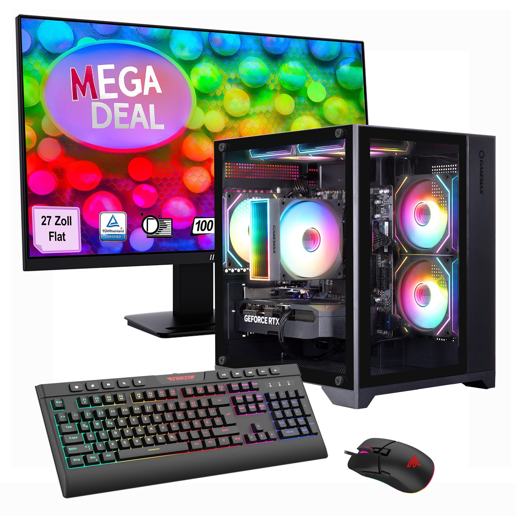 GAMEMAX PC-Komplettsystem »MegaDeal Infinity Mini 2632 Ryzen 5 7500F RTX 5060Ti 32GB DDR5 1TB SSD« 27 ″ AMD Ryzen 5 GeForce RTX™ 5060Ti 32 GB RAM 1.000 GB SSD Windows 11, DDR5 RAM + MSI PRO MP273A Monitor, 69cm (27')