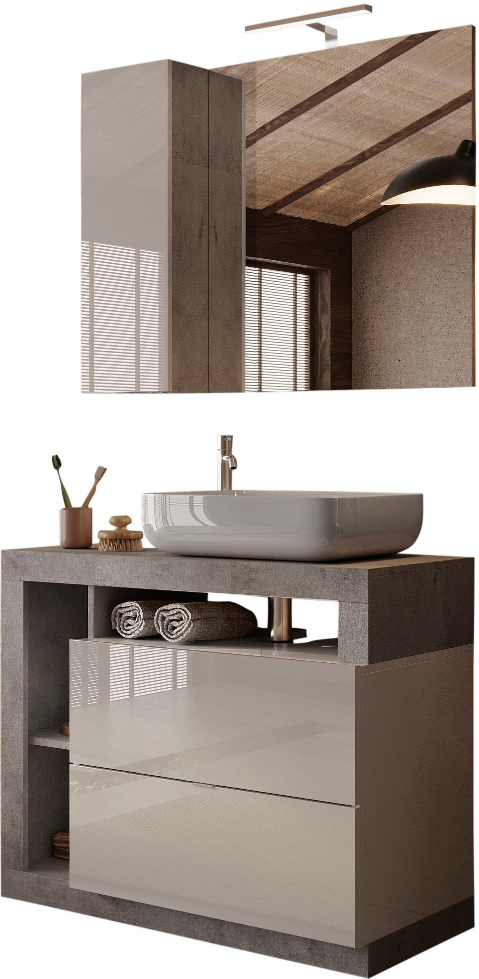 welltime Badmöbel-Set »Hamburg, Badezimmerset 2tlg. Breite 92 cm, Badmöbel, Waschtisch inkl.« Spar-Set, 2 Stk. tlg. Waschbecken, Spiegelschrank mit LED Aufbauleuchte, Soft-Close-Funktion