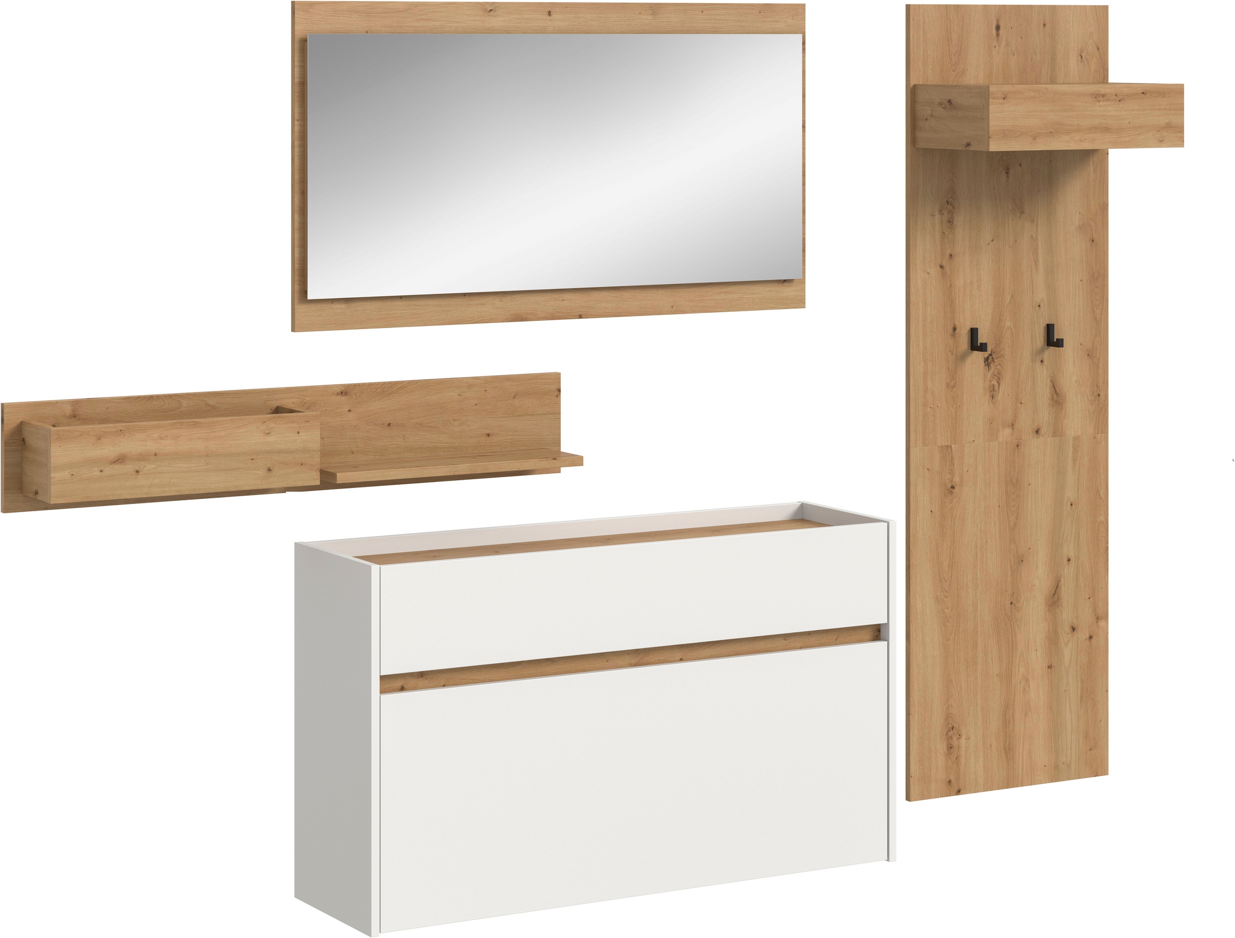 INOSIGN Garderoben-Set »EVRID, 4-teilig, Breite 205 cm, individuell hängbar & erweiterbar« best. aus.: Wandboard, Kommode, Spiegel, Garderobenpaneel, 4 Stk. tlg. Garderobenkombination, Garderobe, Wandgarderobe, Flur, Diele