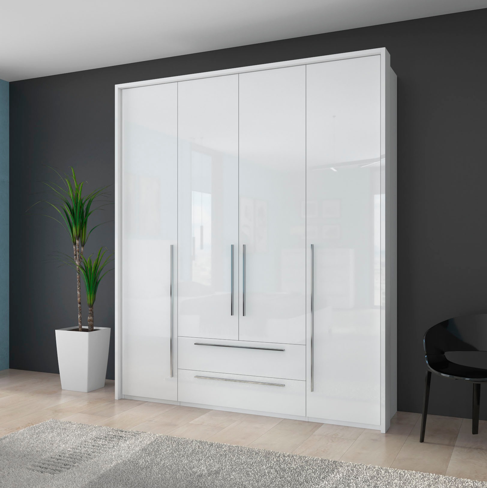 PLACES OF STYLE Drehtürenschrank »Piano, inklusive Rahmen und Beleuchtung, soft-close-Funktion« viele Breiten zur Auswahl, 226cm hoch, mit jeweils 2 Schubladen, beige oder weiß, UV lackiert, Hochglanzfronten, FSC-zertifiziert