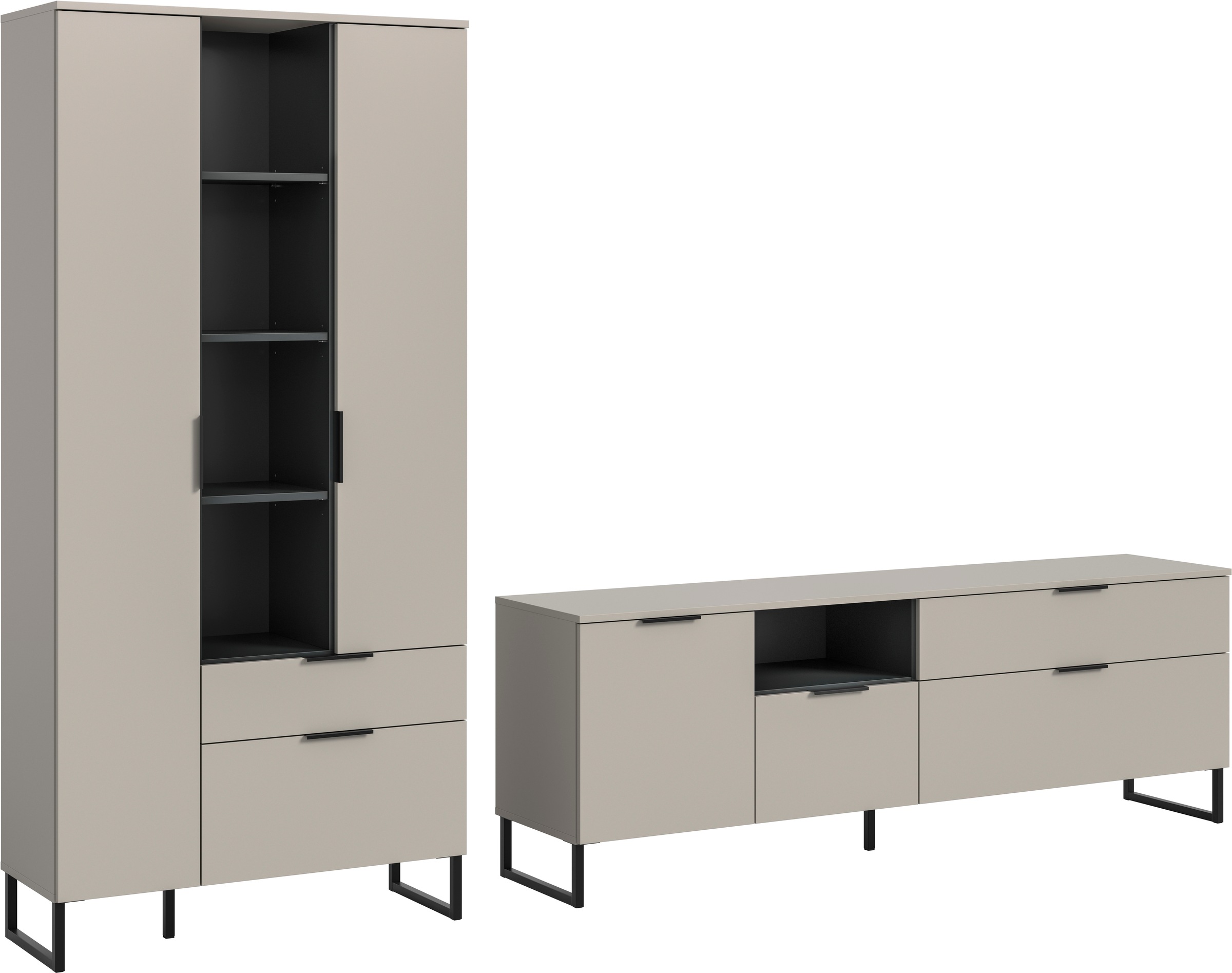 INOSIGN Wohnwand »ADIO, Breite 290 cm, 2-teiliges Set, mit Metall-Kufenfüße« Set, bestehend aus: Mehrzweckschrank und Lowboard, 2 Stk. tlg. Kombination, Anbauwand, Set, Wohn-Set, Wohnzimmer-Set, Schrankwand