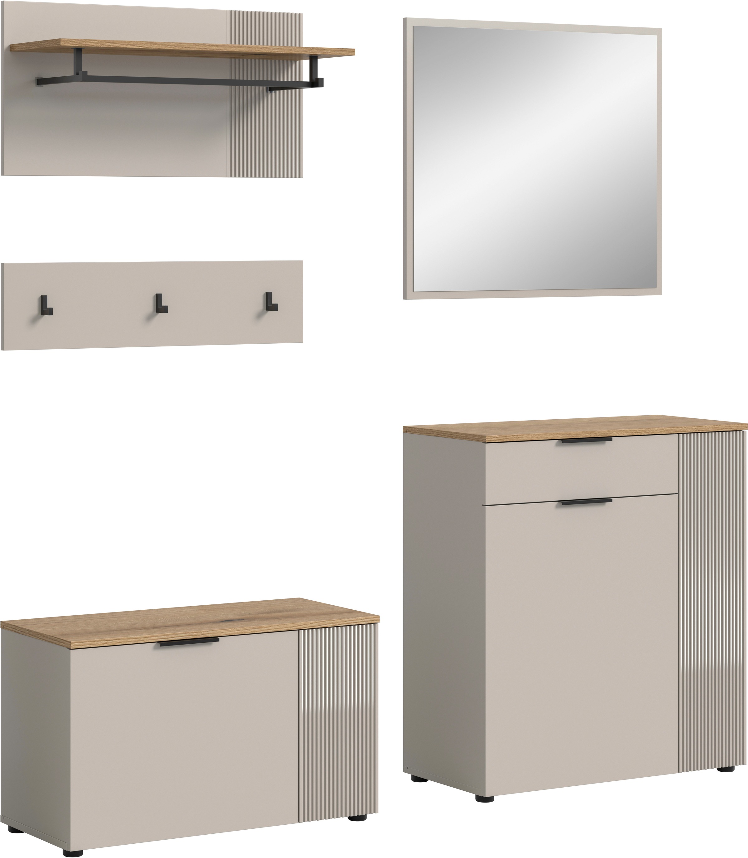 INOSIGN Garderoben-Set »EDIL, Breite 175 cm, 5-teilig, Front mit hochwertiger Längstfräsung« Set, best. aus: Sitzbank, Paneel, Hakenleiste, Kommode & Spiegel, 4 Stk. tlg. Garderobenkombination, Kombination, Set, Garderobe, Flurgarderobe