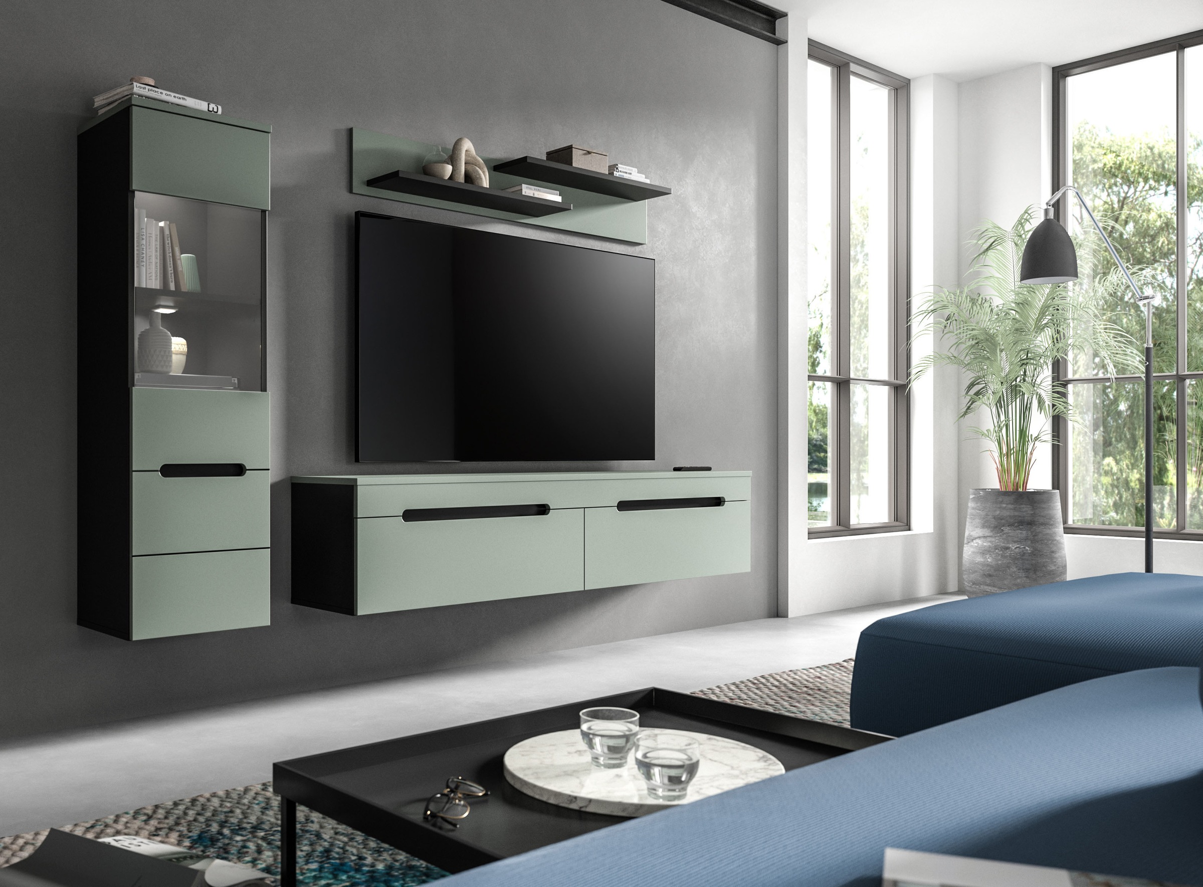 INOSIGN Wohnwand »REHAT, TOPSELLER!, 3-teilig, inkl. Beleuchtung, stehend oder hängend« Set bestehend aus: Vitrine inkl. Beleuchtung, Lowboard und Wandboard, 3 Stk. tlg. Kombination, Anbauwand, Set, Wohn-Set, Wohnzimmer-Set, Schrankwand