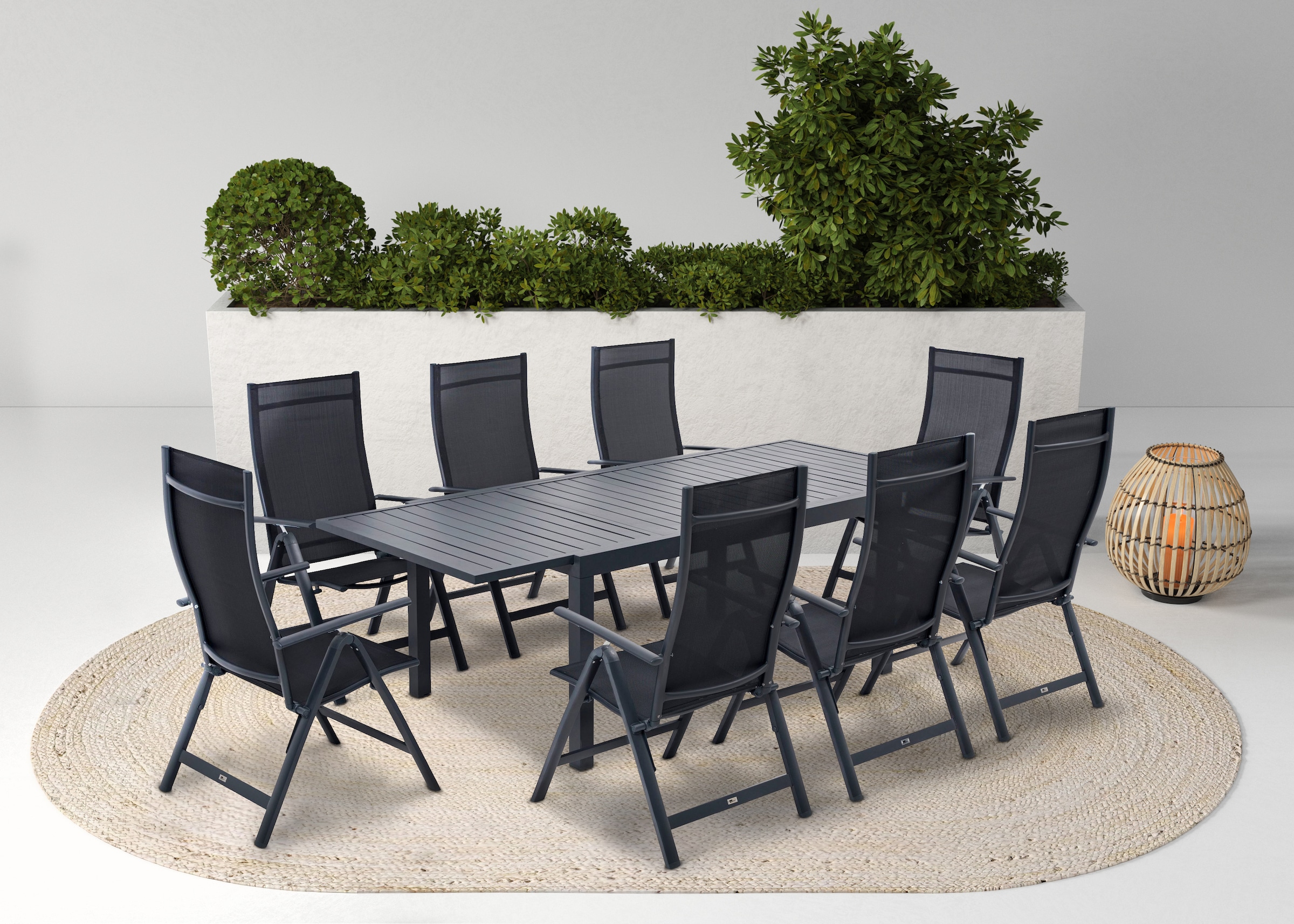 KONIFERA Garten-Essgruppe »Palermo« 8x Sessel, 1x AZ-Tisch 160-240x100 cm, Aluminium, Textilgewebe, 9 Stk. tlg. klappbar, 7-fach verstellbare Rückenlehne, Tischplatte aus Alulatten
