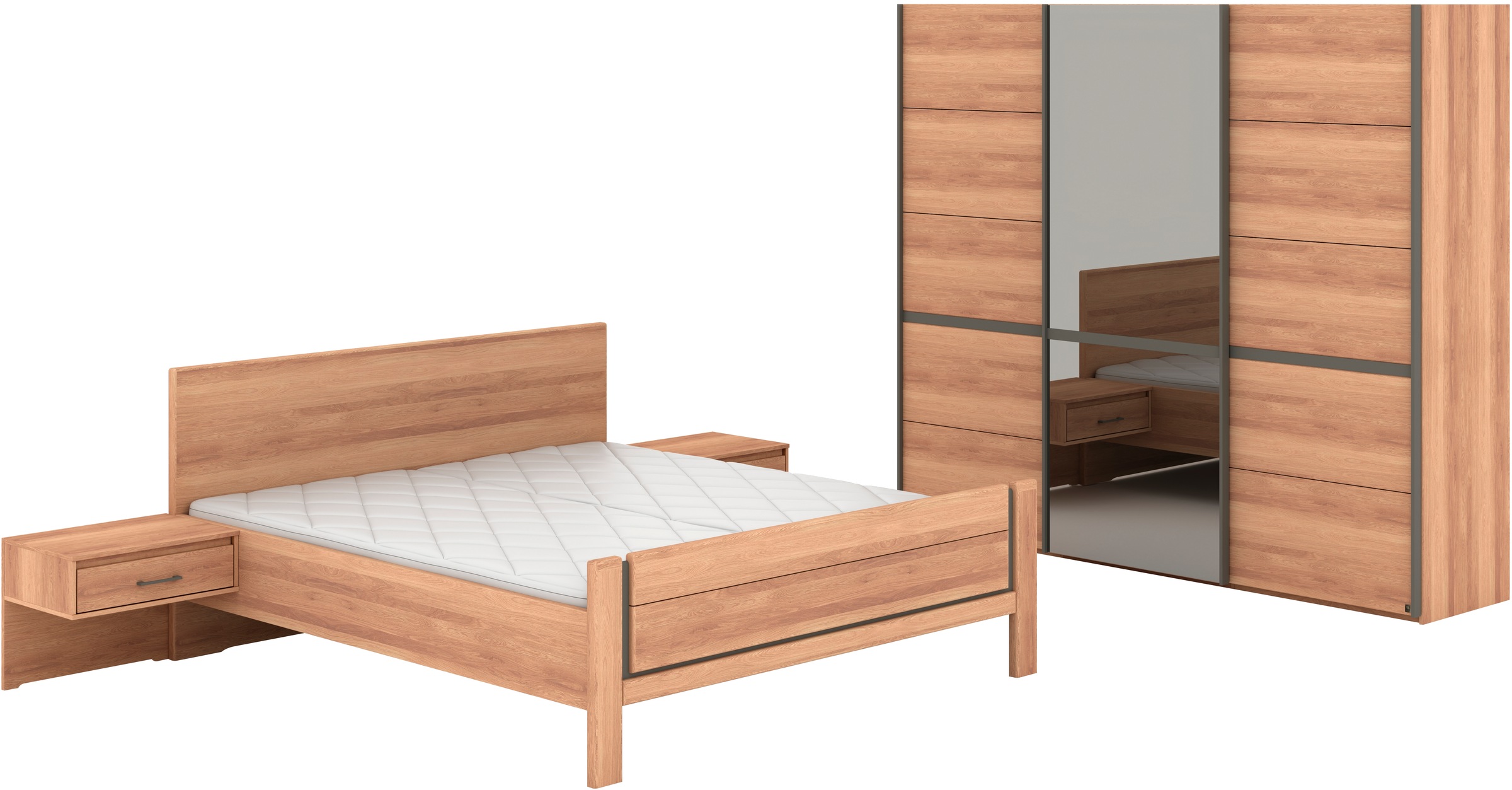 Musterring Schlafzimmer-Set »Sorrent, Kleiderschrank, Bett & Nachtkommoden, teilmassiv Eiche« 2er-Set Nachtschränke, Schwebetürenschrank 250 cm, Bett 180x200 cm, mit Schwebetürenschrank, Bett mit Stollenfuß, Breite Schrank 250 cm