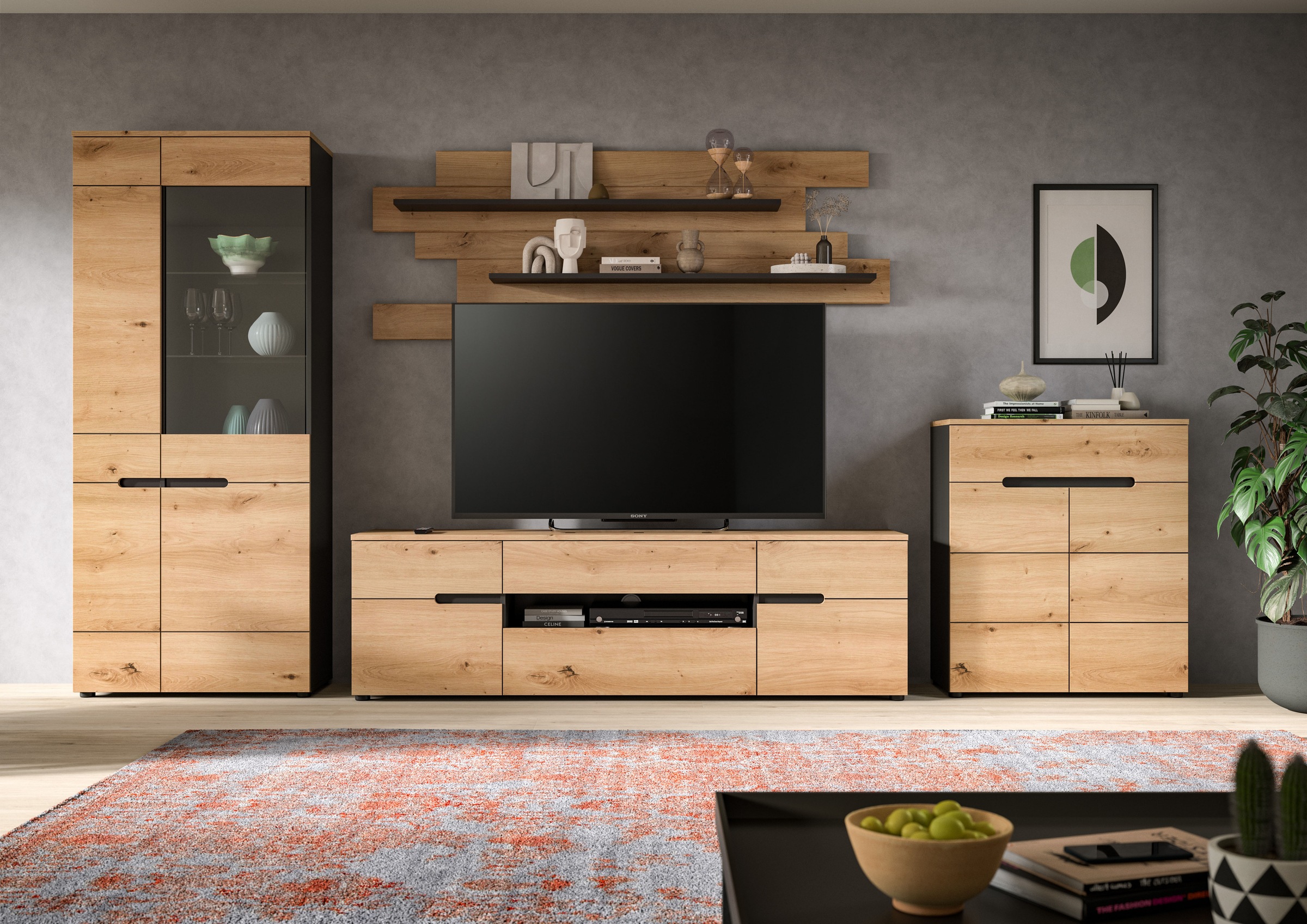 INOSIGN Wohnwand »REHAT, TOPSELLER!, 4-teilig, Breite 375 cm, individuell stellbar« Set bestehend aus: Vitrine, Lowboard, Wandboard und Kommode, 4 Stk. tlg. Kombination, Anbauwand, Set, Wohn-Set, Wohnzimmer-Set, Schrankwand