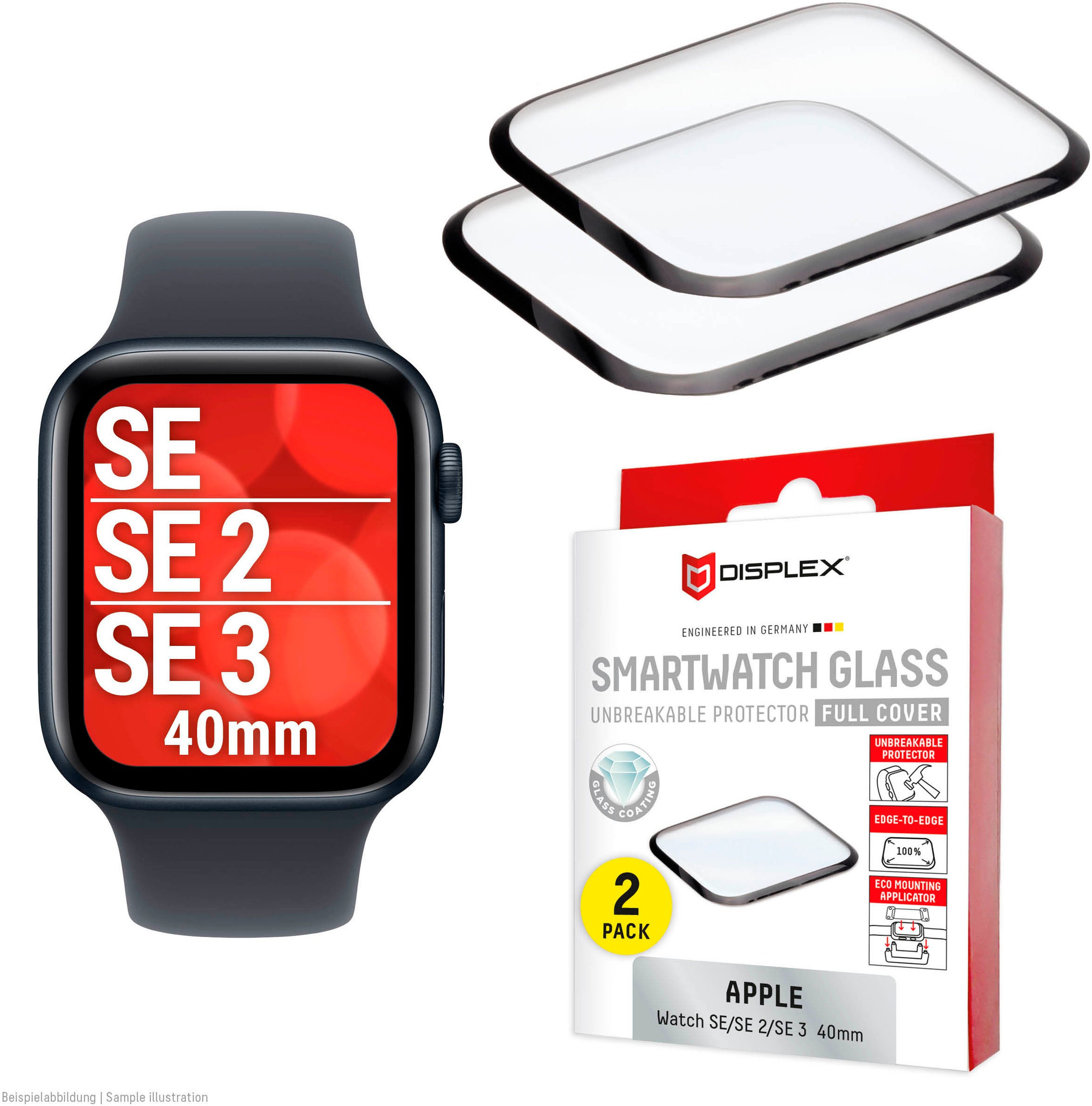 Displex Displayschutzglas »Smartwatch Glass Unbreakable Protector Full Cover« für Apple Watch SE 40 mm;Apple Watch SE 2 40 mm;Apple Watch SE 3 40 mm Packung, 2x Acrylglas Protector, Displayschutzfolie, Bildschirmschutz, kratz- & stoßfest