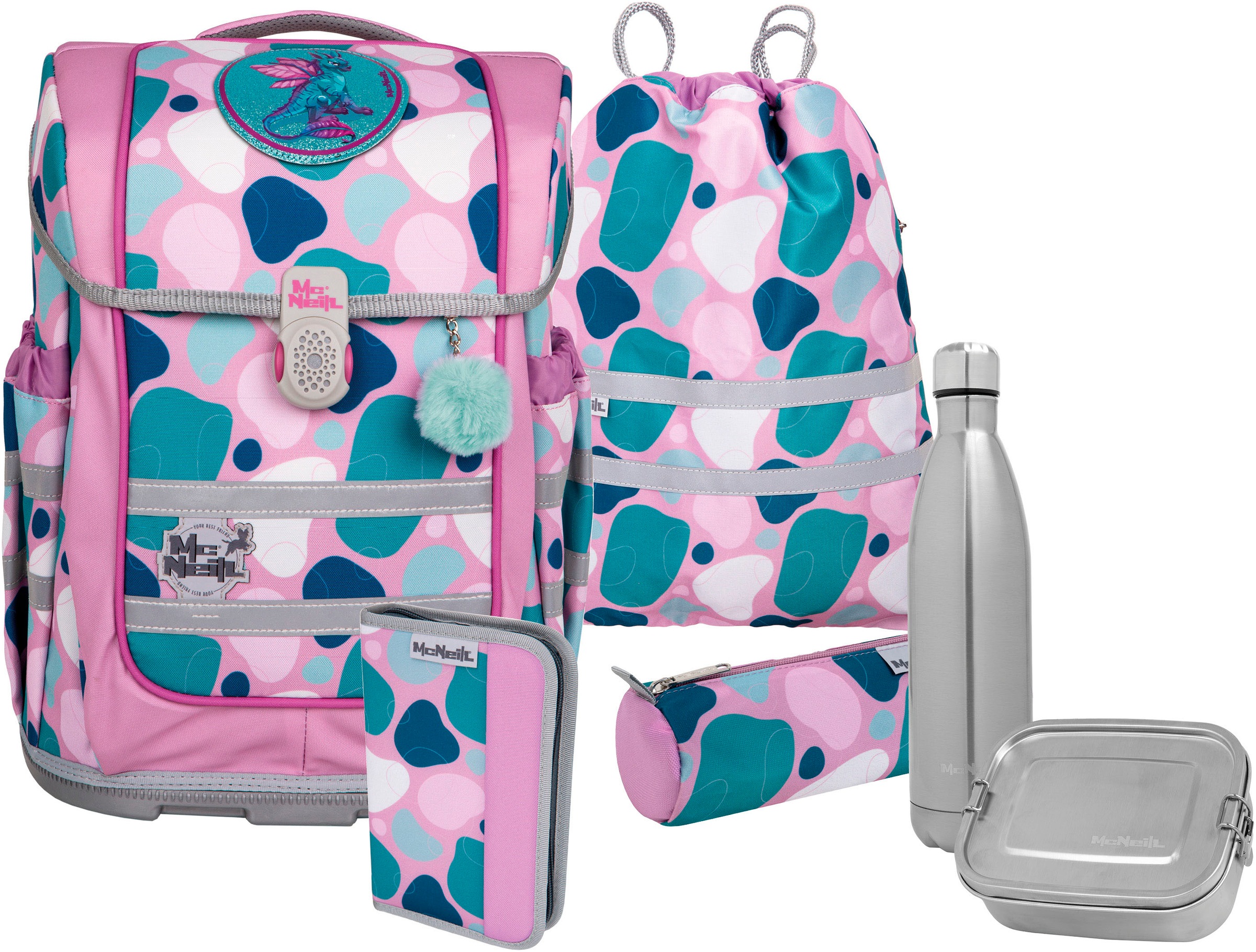 McNeill Schulranzen »Ergo Compacto, Barba« reflektierende Streifen auf den Schultergurten;retroreflektierende Flächen inkl. Federmäppchen, Turnbeutel, Schlamperrolle & Motivmagnet