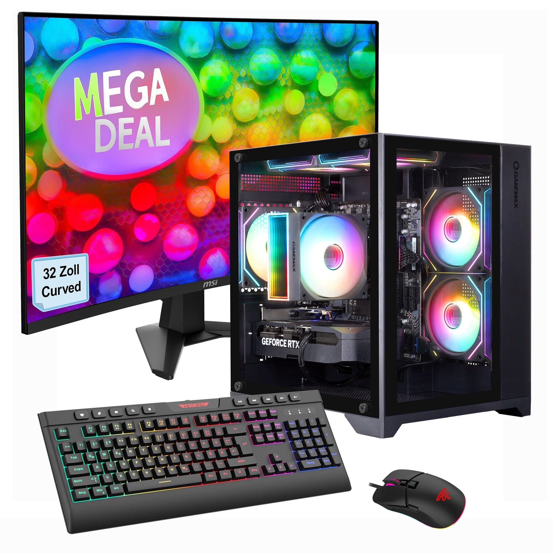 GAMEMAX PC-Komplettsystem »MegaDeal Infinity Mini 2631 Ryzen 5 7500F RTX 5060 32GB DDR5 1TB SSD« 32 ″ AMD Ryzen 5 GeForce RTX™ 5060 32 GB RAM 1.000 GB SSD Windows 11, DDR5 RAM + MSI MAG 32C6 Curved Monitor, 80cm (32')