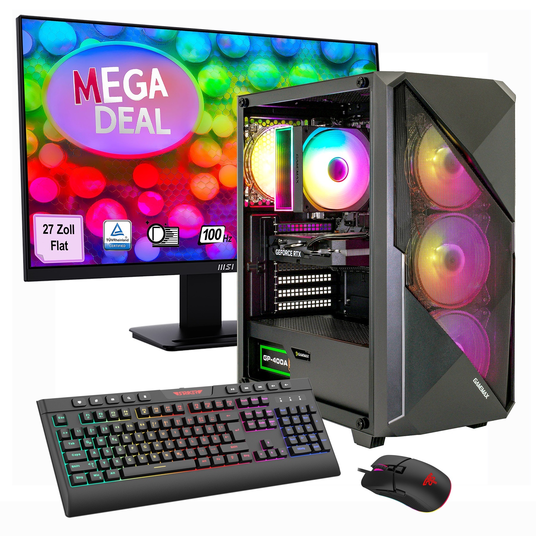 GAMEMAX PC-Komplettsystem »MegaDeal Striker 2625 AMD Ryzen 5 7500F RTX 5060 32GB DDR5 1TB SSD« 27 ″ AMD Ryzen 5 GeForce RTX™ 5060 32 GB RAM 1.000 GB SSD Windows 11, DDR5 RAM + MSI PRO MP273A Monitor, 69cm (27')