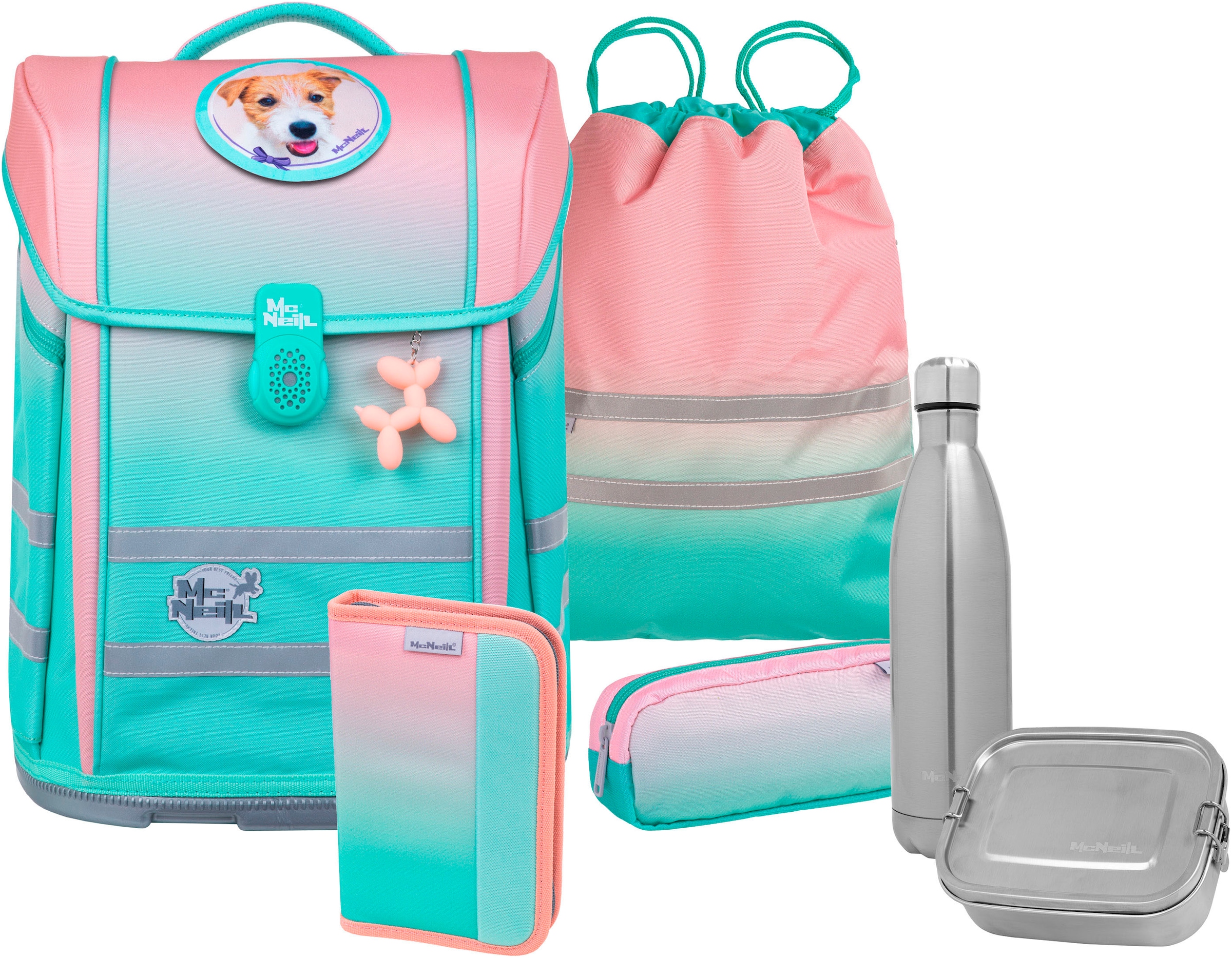 McNeill Schulranzen »Perfecto, Gradient Strawberry« reflektierende Streifen auf den Schultergurten;retroreflektierende Flächen inkl. Federmäppchen, Turnbeutel, Schlamperrolle & Motivmagnet