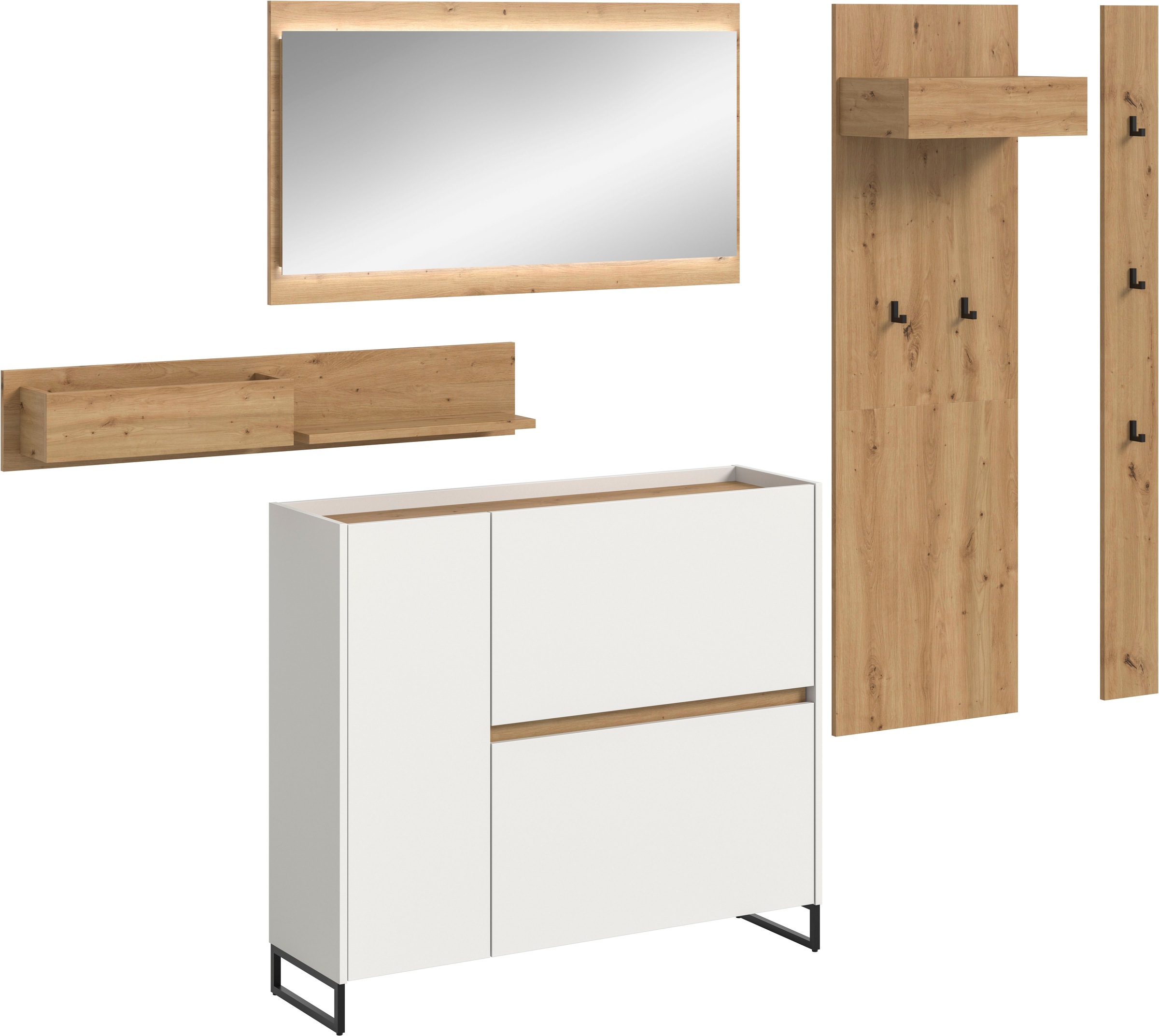 INOSIGN Garderoben-Set »EVRID, 5-teilig, Breite 236 cm, inkl. Beleuchtung« best. aus: Wandboard, Kommode, Spiegel, Garderobenpaneel, Hakenleiste, 5 Stk. tlg. Garderobenkombination, Garderobe, Wandgarderobe, Flur, Diele