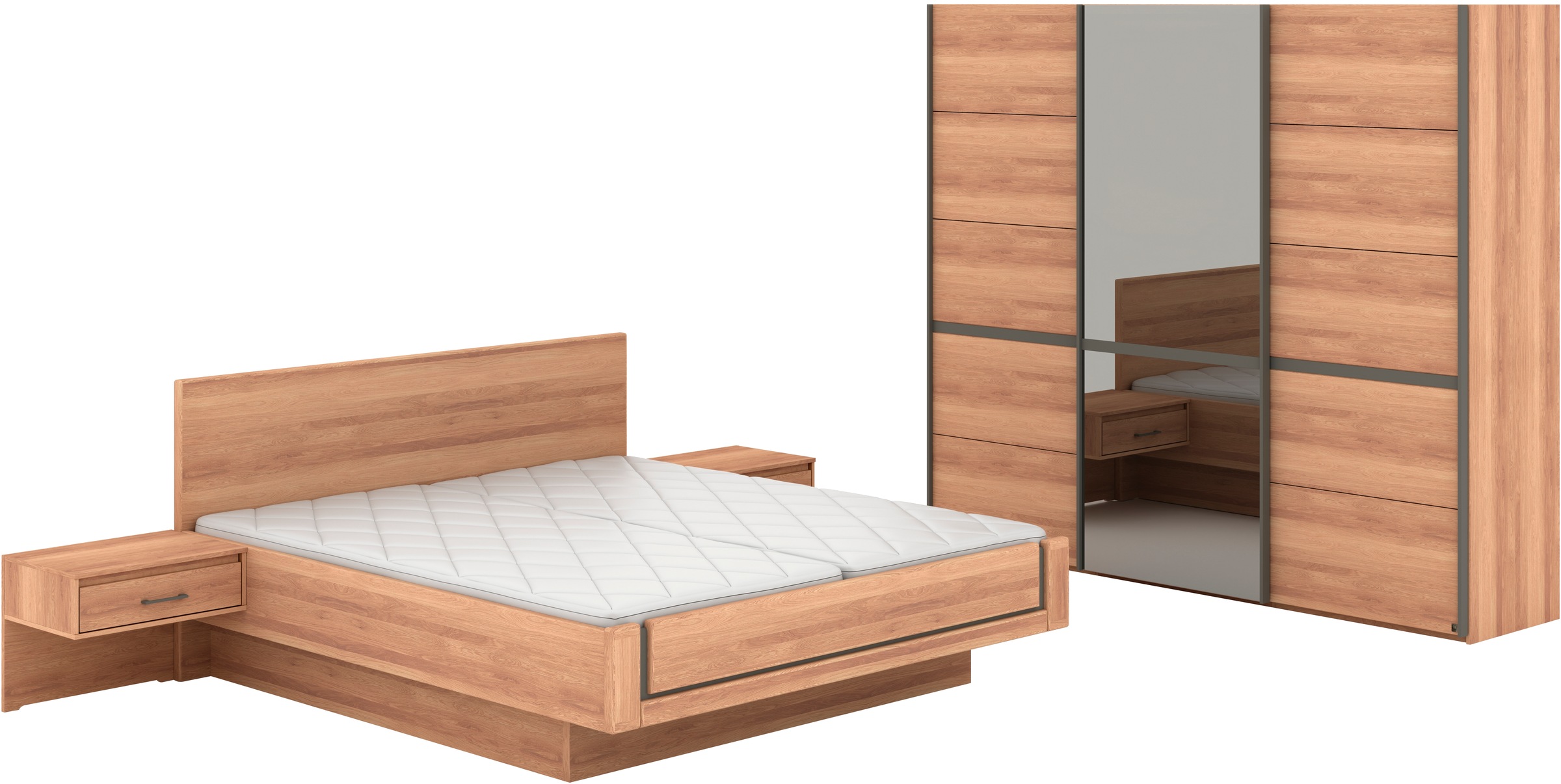 Musterring Schlafzimmer-Set »Sorrent, Kleiderschrank, Bett & Nachtkommoden, teilmassiv Eiche« 2er-Set Nachtschränke, Schwebetürenschrank 250 cm, Bett 180x200 cm, mit Schwebetürenschrank, Bett schwebende Optik, Breite Schrank 250cm