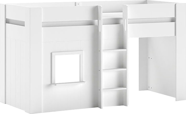 Vipack Hochbett »Reno, ein tolles Hüttenbett mit hoher Standfestigkeit, weiß lackiert« B/H/T ca. 206x120,1x105cm, Leiter mittig, Fenster und Absturzschutz, inkl. Rolllattenrost, Rückseite offen und Spielfläche unter dem Bett
