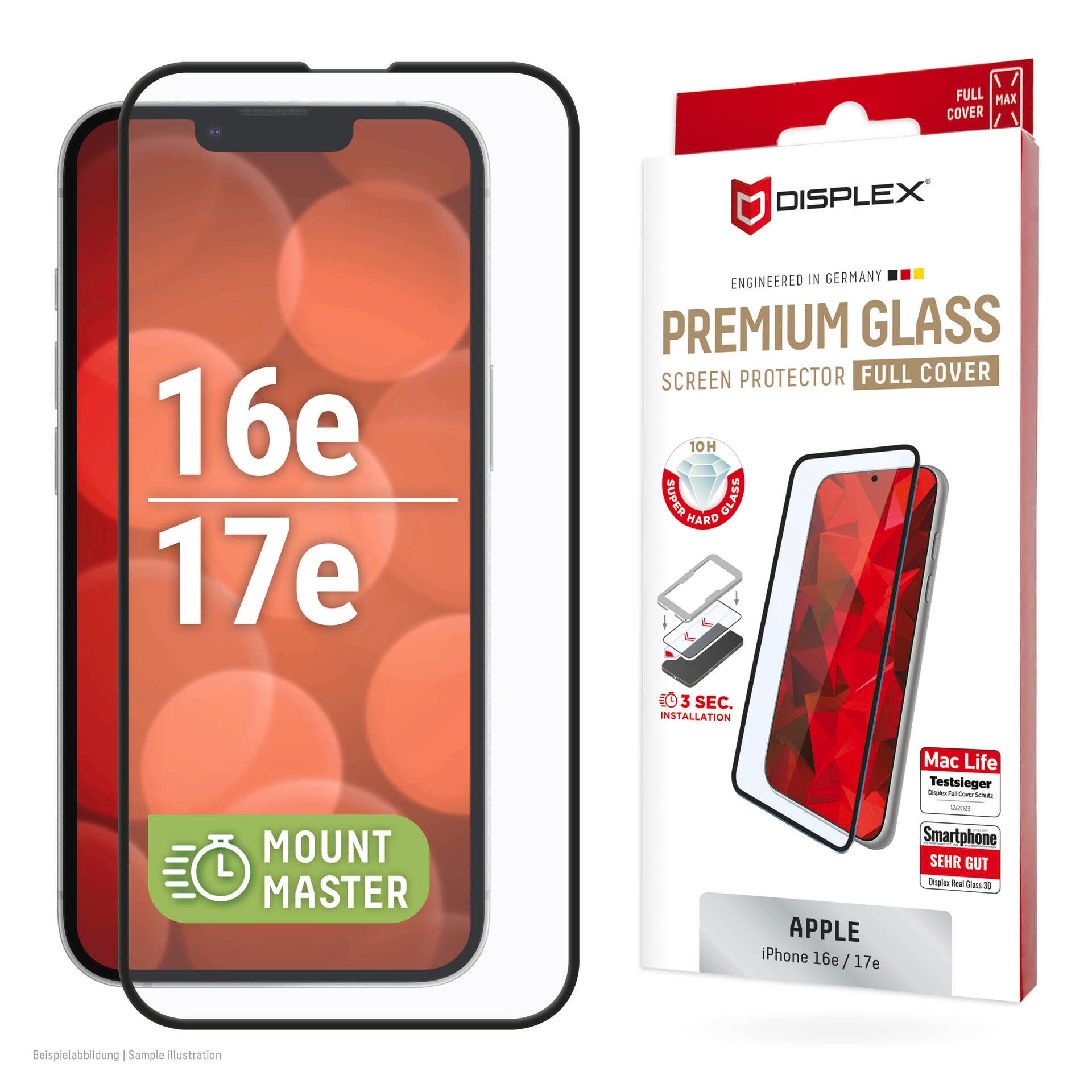 Displex Displayschutzglas 'Premium Glass Screen Protector mit EASY-ON MountMaster' für Apple iPhone 16e;Apple iPhone 17e Displayschutzfolie, Schutzfolie, Bildschirmschutz, kratz- & stoßfest