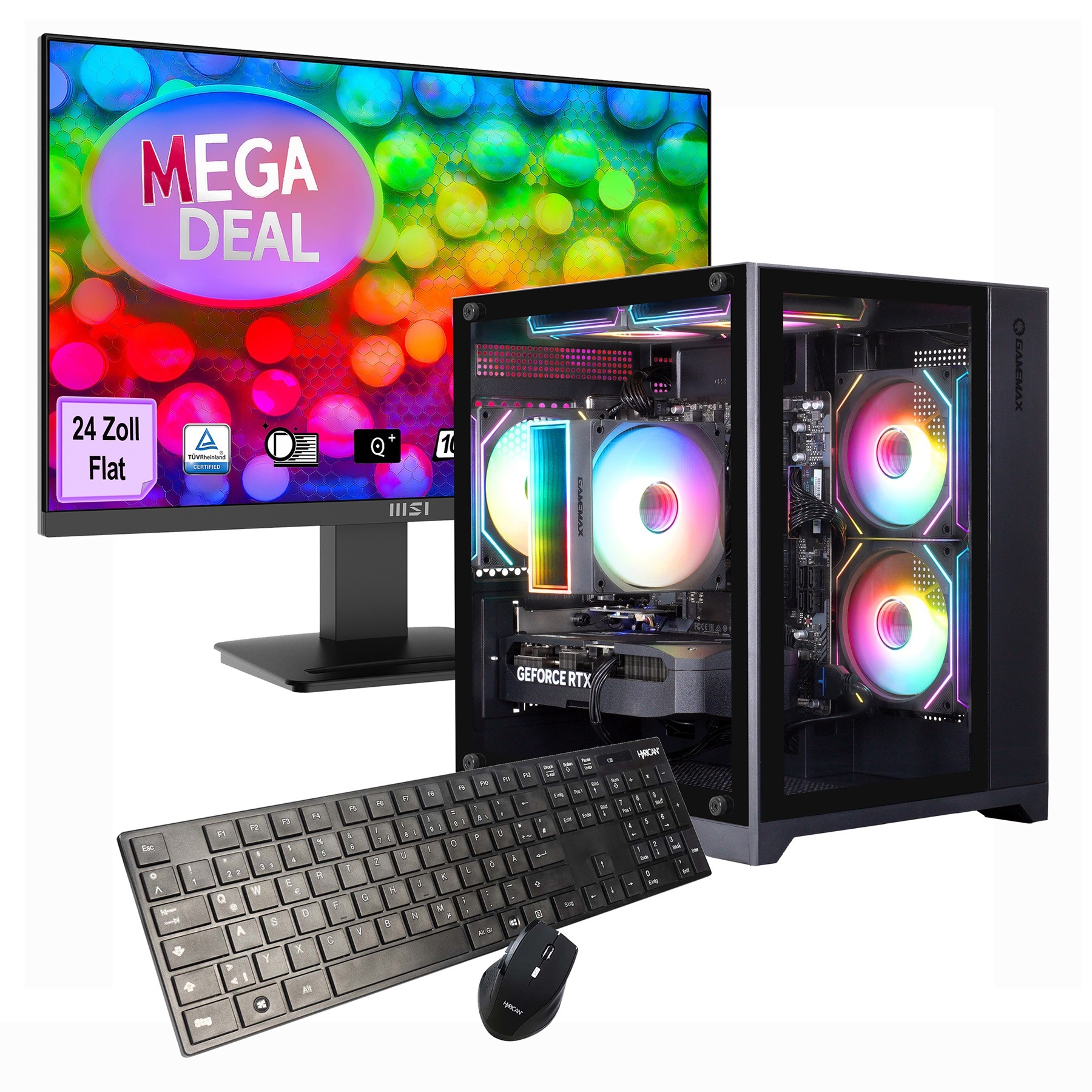 GAMEMAX PC-Komplettsystem 'MegaDeal Infinity Mini BK 2614 Ryzen 5 5500 RTX 5050 32GB DDR4 1TB SSD' 24 ″ AMD Ryzen 5 GeForce RTX™ 5050 32 GB RAM 1.000 GB SSD Windows 11 + MSI PRO MP2412DE Monitor 60cm (24')