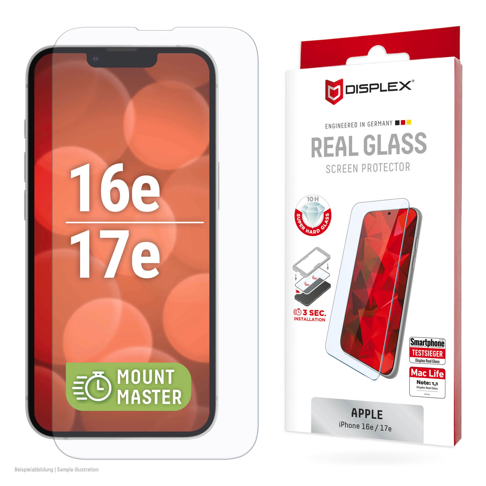 Displex Displayschutzglas 'Real Glass Screen Protector mit EASY-ON MountMaster' für Apple iPhone 16e;Apple iPhone 17e Displayschutzfolie, Schutzfolie, Bildschirmschutz, kratz- & stoßfest