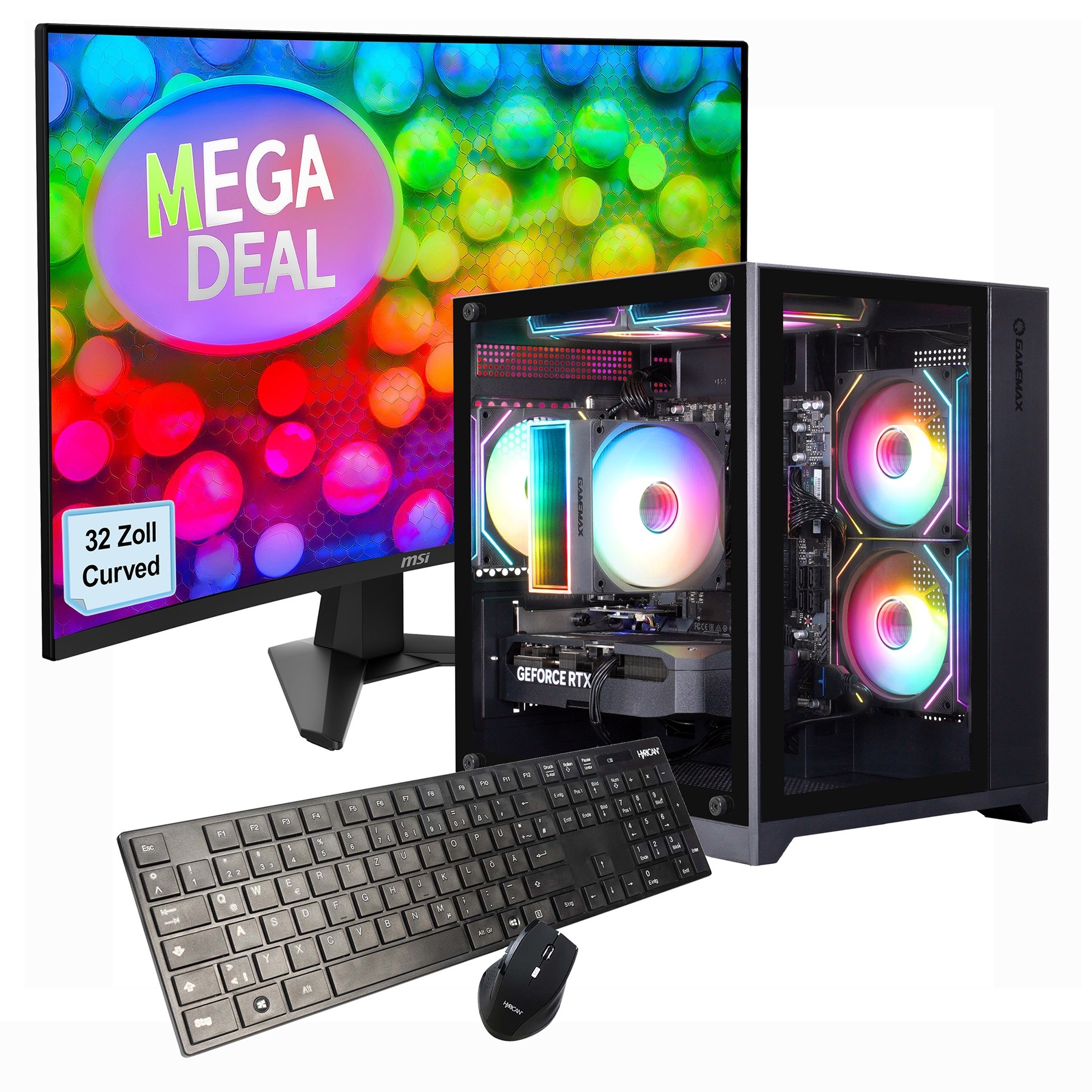 GAMEMAX PC-Komplettsystem 'MegaDeal Infinity Mini BK 2616 Ryzen 5 5500 RTX 5050 32GB DDR4 1TB SSD' 32 ″ AMD Ryzen 5 GeForce RTX™ 5050 32 GB RAM 1.000 GB SSD Windows 11 + MSI MAG 32C6 Curved Monitor, 80cm (32')