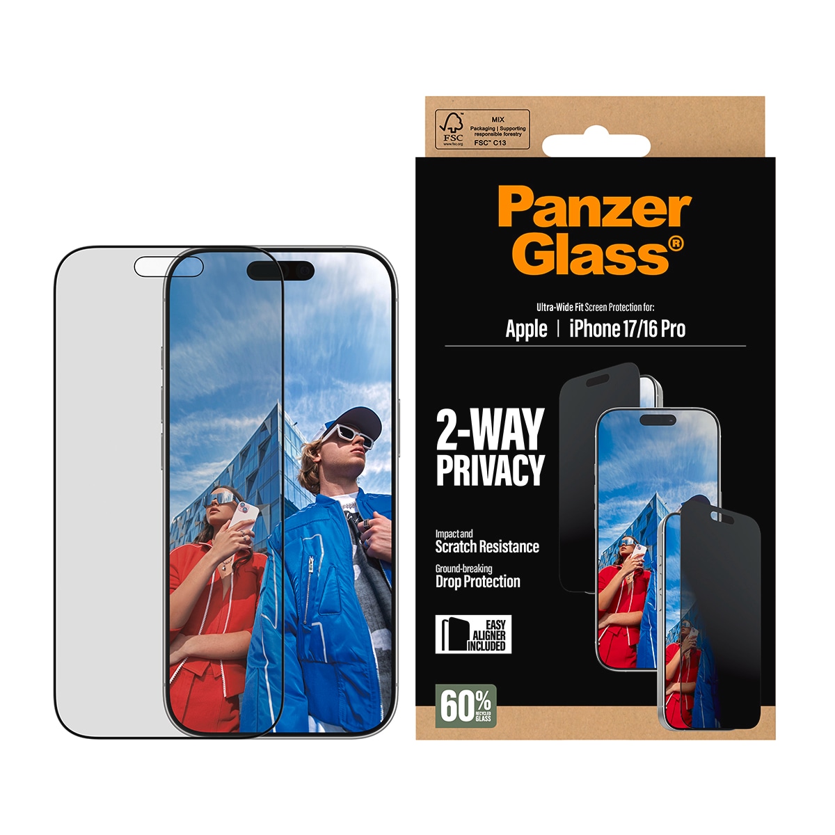 CARE by PanzerGlass Displayschutzglas '2-Way Privacy Ultra-Wide Fit Screen Protector' für Apple iPhone 17;Apple iPhone 16 Pro Displayschutzfolie, Schutzfolie, Bildschirmschutz, kratz- & stoßfest