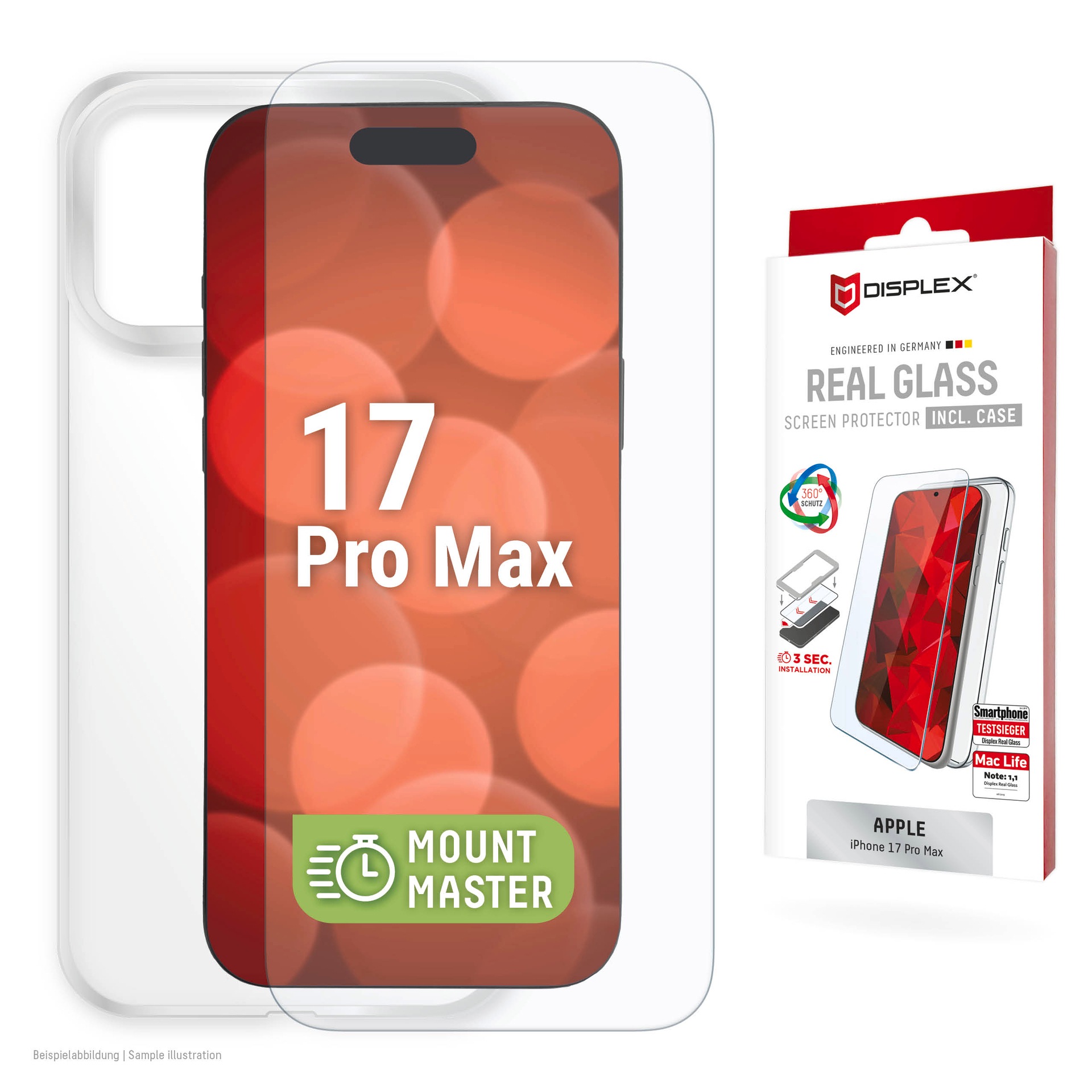 Displex Displayschutzglas 'Real Glass Screen Protector + Case mit EASY-ON MountMaster' für Apple iPhone 17 Pro Max Displayschutzfolie, Schutzfolie, Bildschirmschutz, kratz- & stoßfest