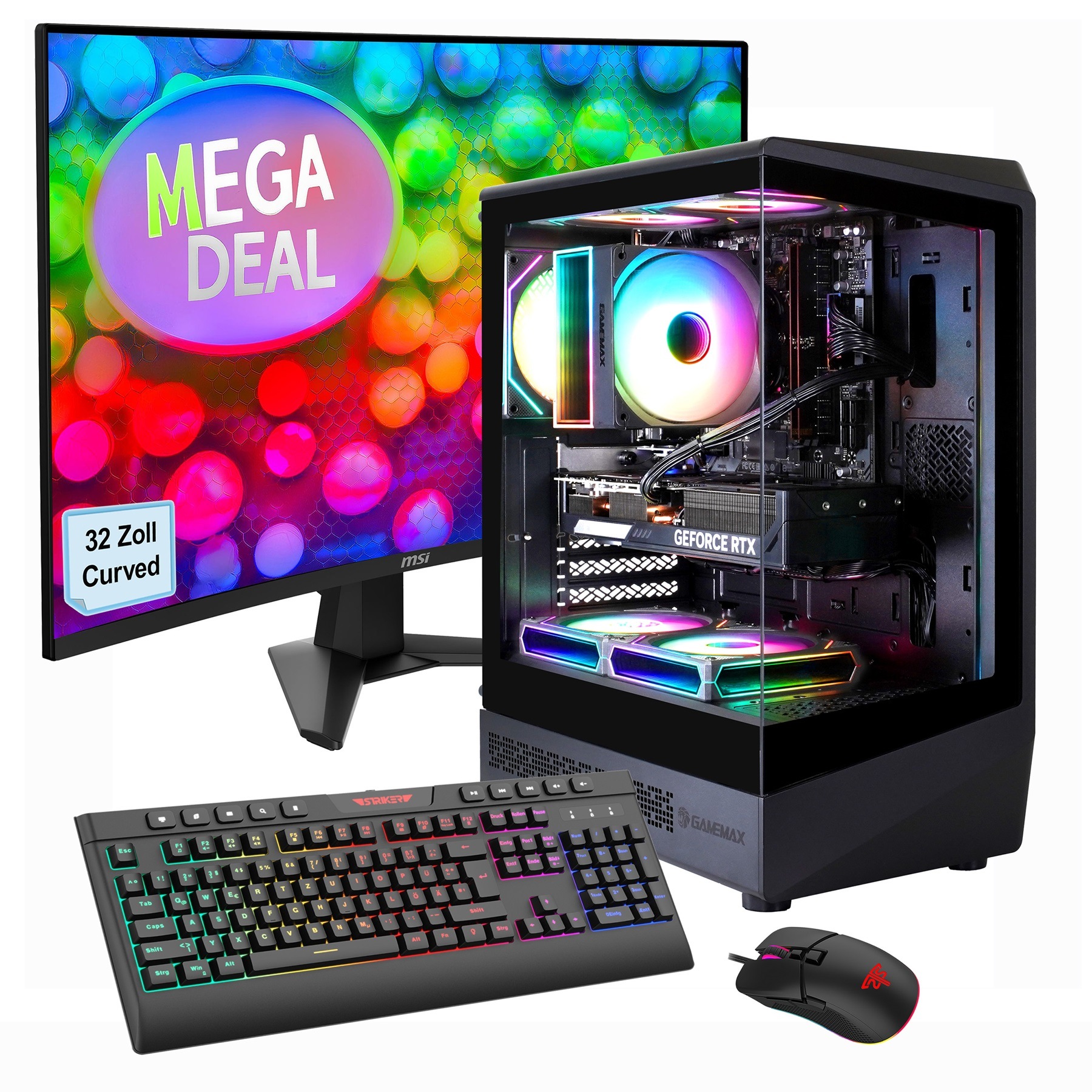GAMEMAX PC-Komplettsystem 'MegaDeal Vista COC AB 2619 Ryzen 5 7500F RTX 5060Ti 32GB DDR5 1TB SSD' 32 ″ AMD Ryzen 5 GeForce RTX™ 5060 Ti 32 GB RAM 1.000 GB SSD Windows 11, DDR5 RAM + MSI MAG 32C6 Curved Monitor, 80cm (32')