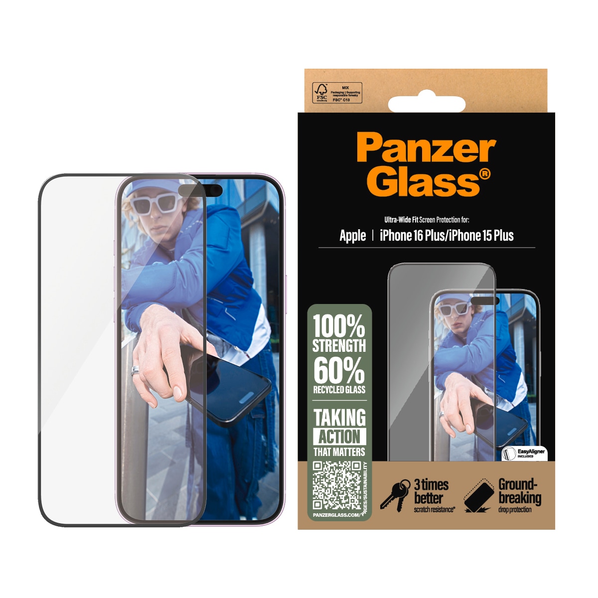 PanzerGlass Displayschutzglas 'Ultra-Wide Fit Screen Protection' für Apple iPhone 16 Plus;Apple iPhone 15 Plus Displayschutzfolie, Schutzfolie, Bildschirmschutz, kratz- & stoßfest