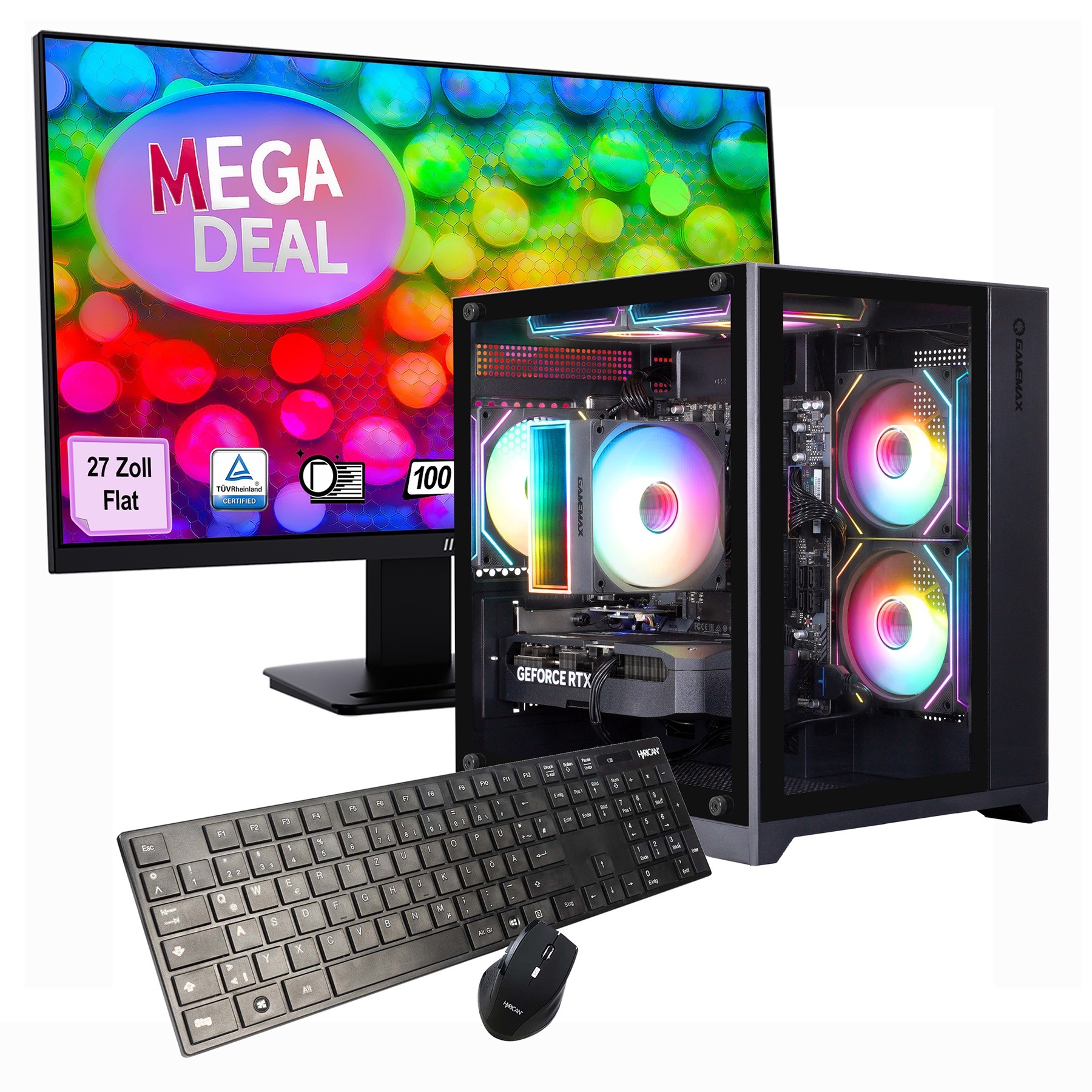 GAMEMAX PC-Komplettsystem 'MegaDeal Infinity Mini BK 2615 Ryzen 5 5500 RTX 5050 32GB DDR4 1TB SSD' 27 ″ AMD Ryzen 5 GeForce RTX™ 5050 32 GB RAM 1.000 GB SSD Windows 11 + MSI PRO MP273A Monitor, 69cm (27')