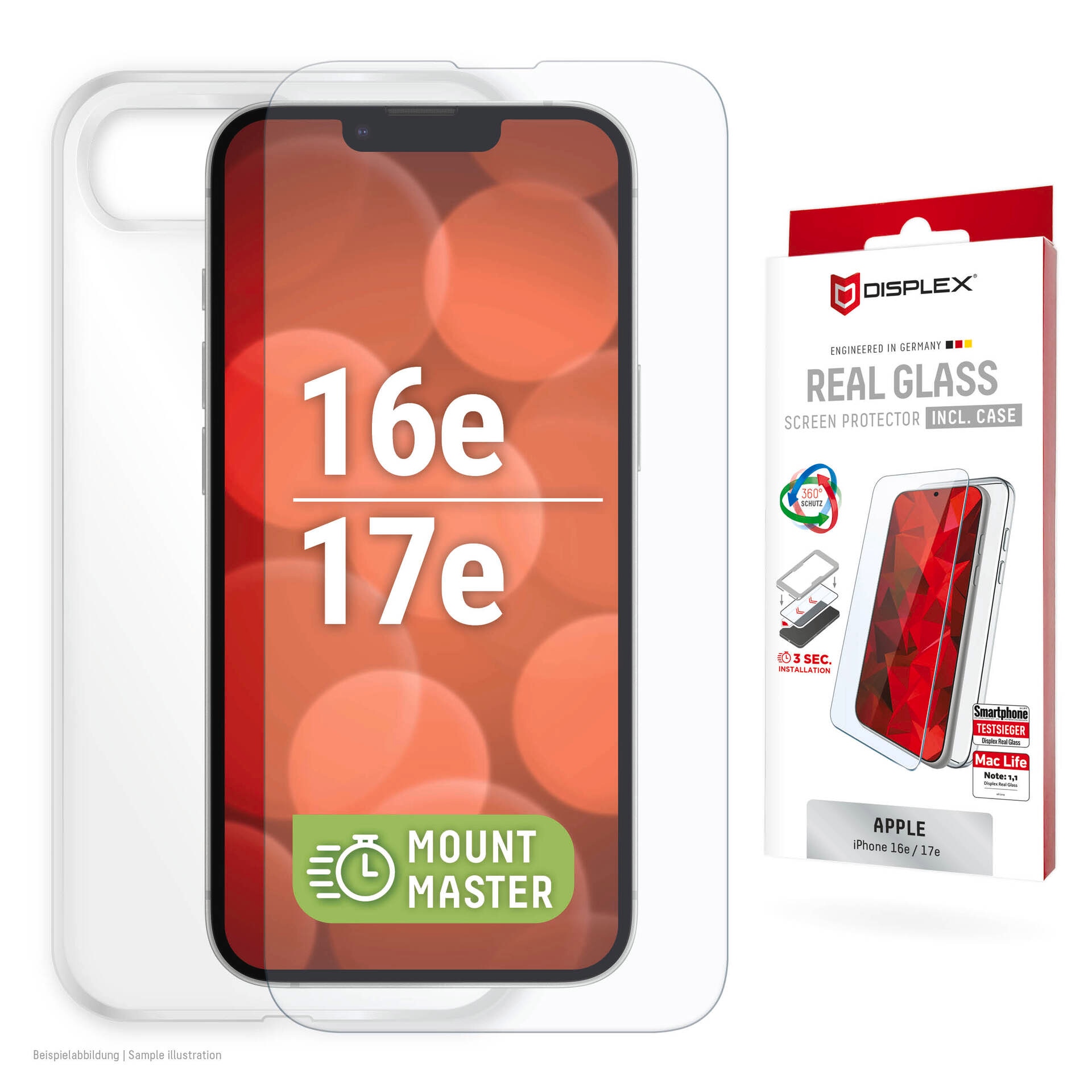 Displex Displayschutzglas 'Real Glass Screen Protector + Case mit EASY-ON MountMaster' für Apple iPhone 16e;Apple iPhone 17e Displayschutzfolie, Schutzfolie, Bildschirmschutz, kratz- & stoßfest