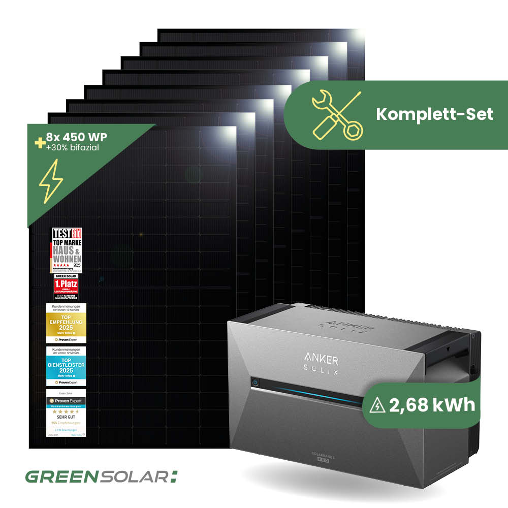 Balkonkraftwerk Basic 3600/800 black bifazial mit Balkonkraftwerkspeicher 2,7kWh 'Anker SOLIX Solarbank 3 E-2700 Pro'