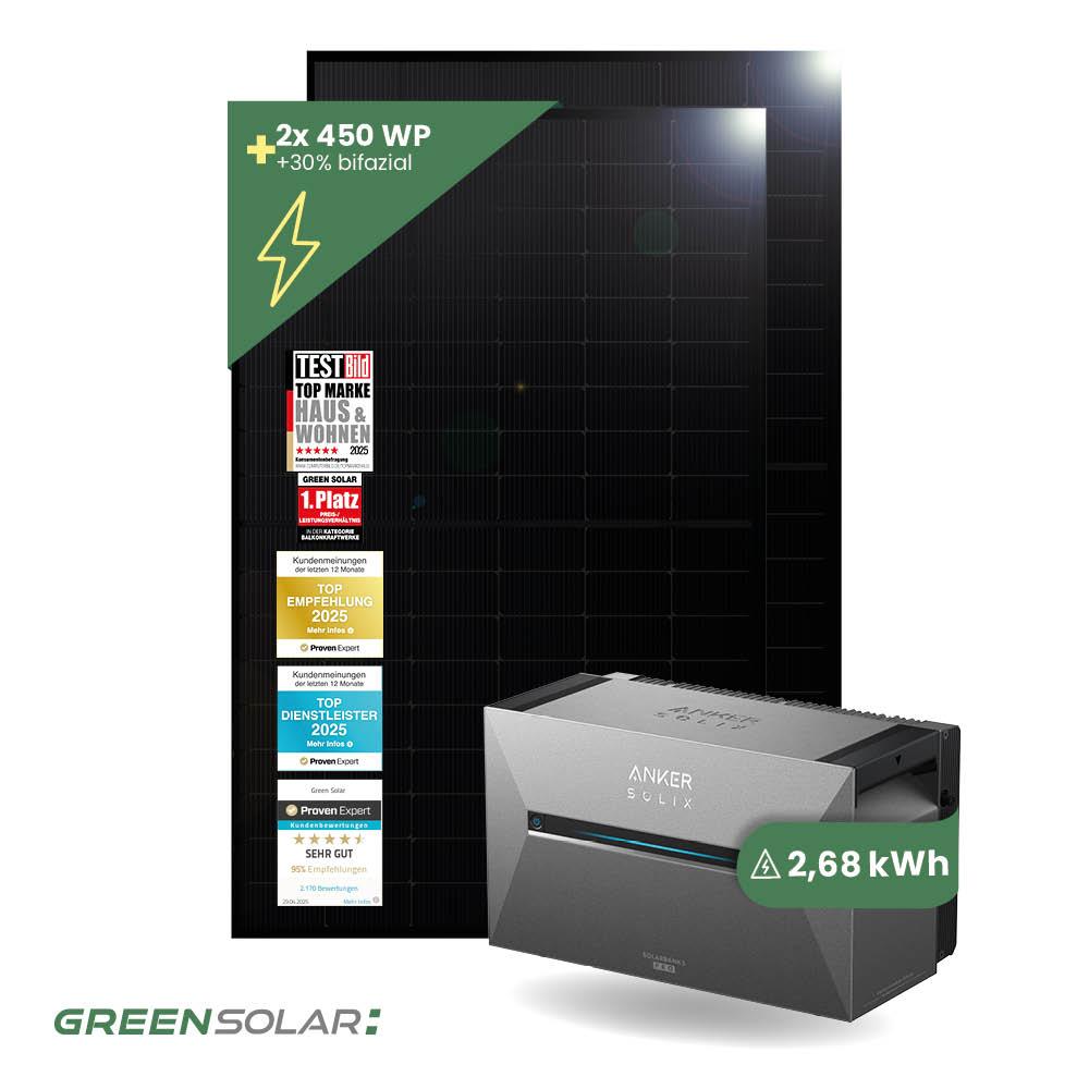 Balkonkraftwerk Basic 900/800 bifazial mit Balkonkraftwerkspeicher 2,7kWh 'Anker SOLIX Solarbank 3 E-2700 Pro'