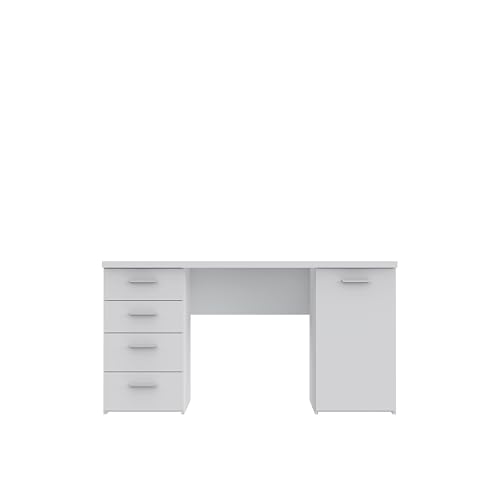 FORTE Net106 Schreibtisch mit 4 Schubladen und 1 Tür, Holzwerkstoff, Weiß matt, 145 x 60 x 76.3 cm