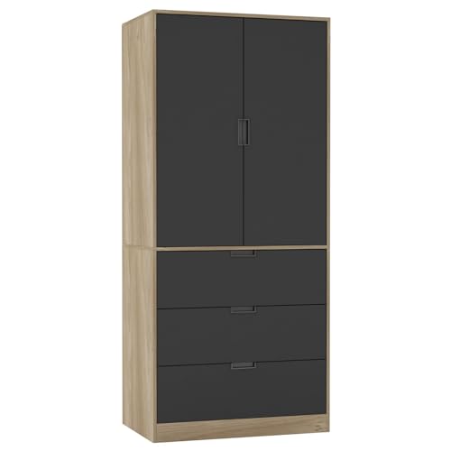 URBNLIVING Moderner 2-türiger Kleiderschrank mit 3 Schubladen und Kleiderstange, stilvolle, freistehende Aufbewahrung, geräumiger Innenraum, langlebige Spanplatte, einfach zu montierende