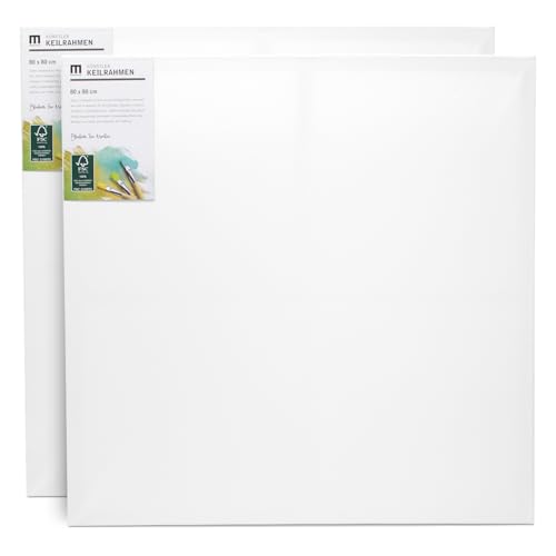 80x80cm Künstler-Leinwand zum Bemalen im Doppelpack. Die leere, weiße Leinwand aus 100% Baumwolle ist umlaufend gespannt auf FSC® Holz-Keilrahmen mit 17mm Stärke, 280g/m², 2-fach weiß grundiert