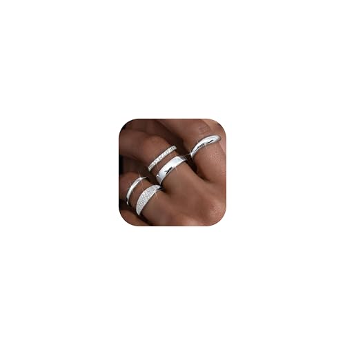 CASSIECA 5Pcs Ringe Set für Damen, Silber Stack Ringe mit Kubischer Zirkon Daumen Ring Fingerring Verlobung Versprechen Offene Ring Schmuck für Freundin Frau Mom