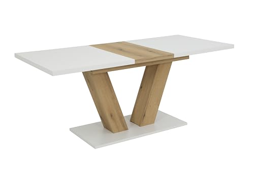 Hela Tische, Auszugstisch Esstisch Hamm, Dekor Weiß + Evoke Eiche, V-förmiges Säulengestell, Synchronauszug mit innenliegender Einlage, 140-180x90 cm,