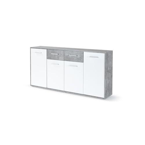 Forte ANTUZA Moderne Kommode 160 170, weißes Sideboard mit 4 Türen und 2 Schubladen, Holzwerkstoff, Betonoptik hellgrau/Weiß, 162,3 cm breit x 88,1 cm hoch x 34,2 cm tief