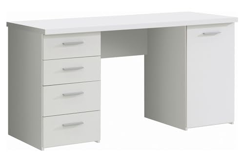 FORTE Net106 Schreibtisch mit 4 Schubladen und 1 Tür, Holzwerkstoff, Weiß matt, 145 x 60 x 76.3 cm