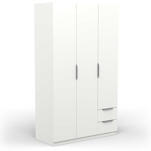 Demeyere Armoire Dressing Avec Penderie Moderne 3 Portes 2 Tiroirs 4 Niches – Coloris Blanc Mat - 119,4 x 51,1 x 203 cm