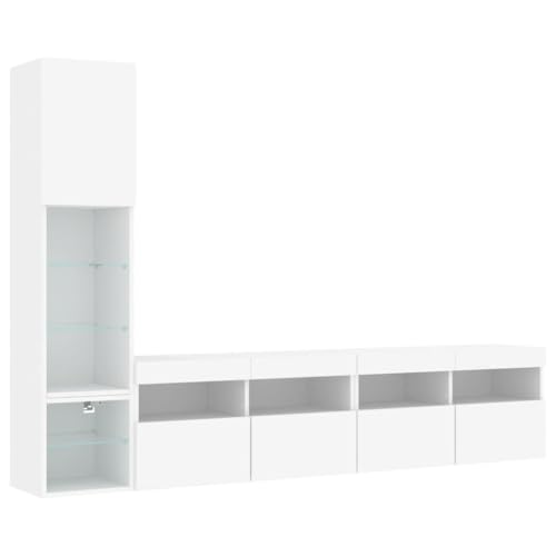 vidaXL Wohnwand 4-TLG., Schrankwand mit viel Stauraum, Anbauwand mit LED-Beleuchtung, Wandmontage Fernsehschrank Wohnzimmer Set Schrank, Weiß Holzwerkstoff